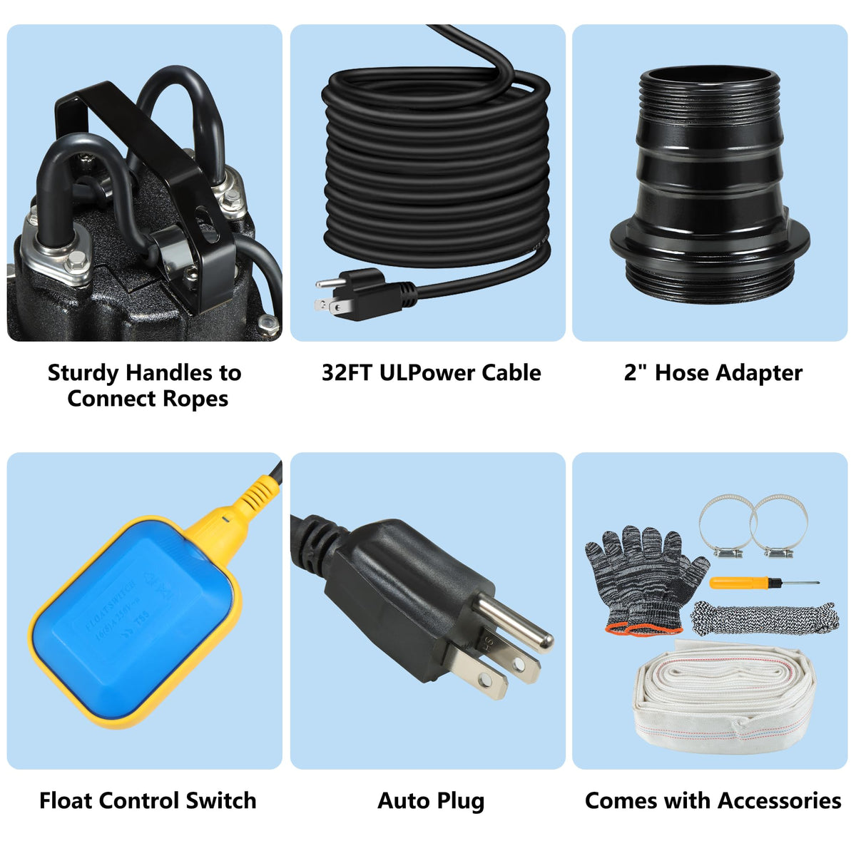 Sewage Grinder Pump, 1HP Sump Pump Submersible 110V 6400GPH 40Ft Max Head, Stainless Steel Cast Iron Effluent Pump with Auto Float Switch 2'' NPT for Basement Basin Sewage Well Pond Swimming Pool