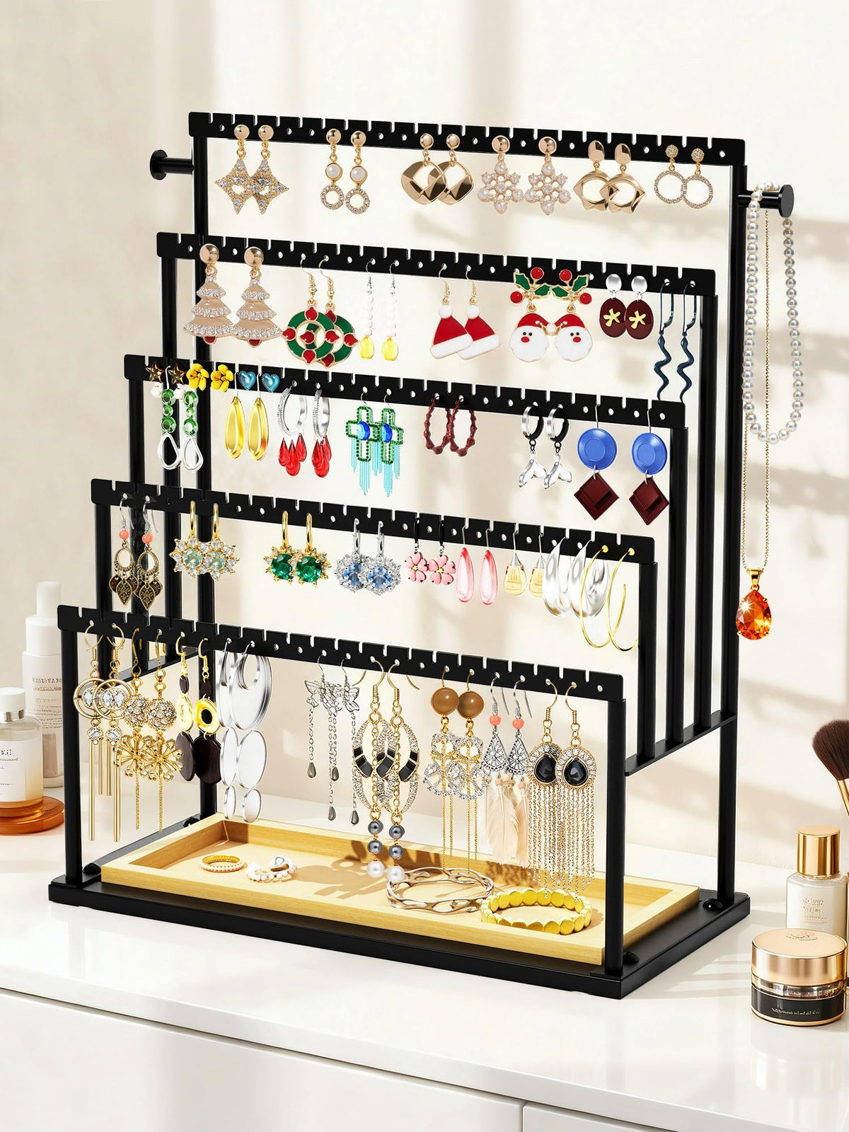 TIPSYTREE Earring Holder Organizer, 5-Tier Jewelry Display Stand with Matte Black Metal Frame and Wooden Tray, Large Earring Holder for Studs, Hoops, Dangles, Modern Jewelry Organizer for Women