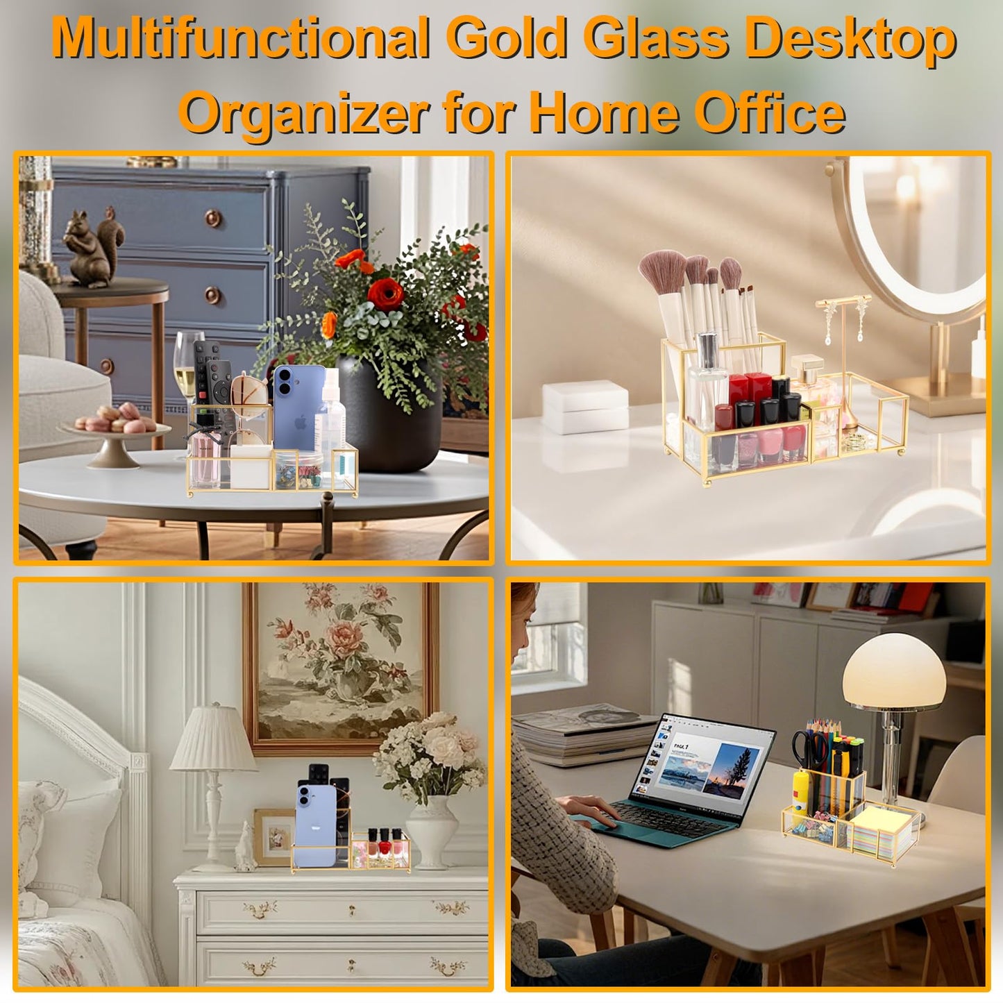 Shonmogar Desk Organizer with 3-Compartments,Glass Small Desk Organizer for Pens Pencils Business Cards Sticky Notes Paper Clips,Gold Stylish Pen Holder for Desk Home Office Decor
