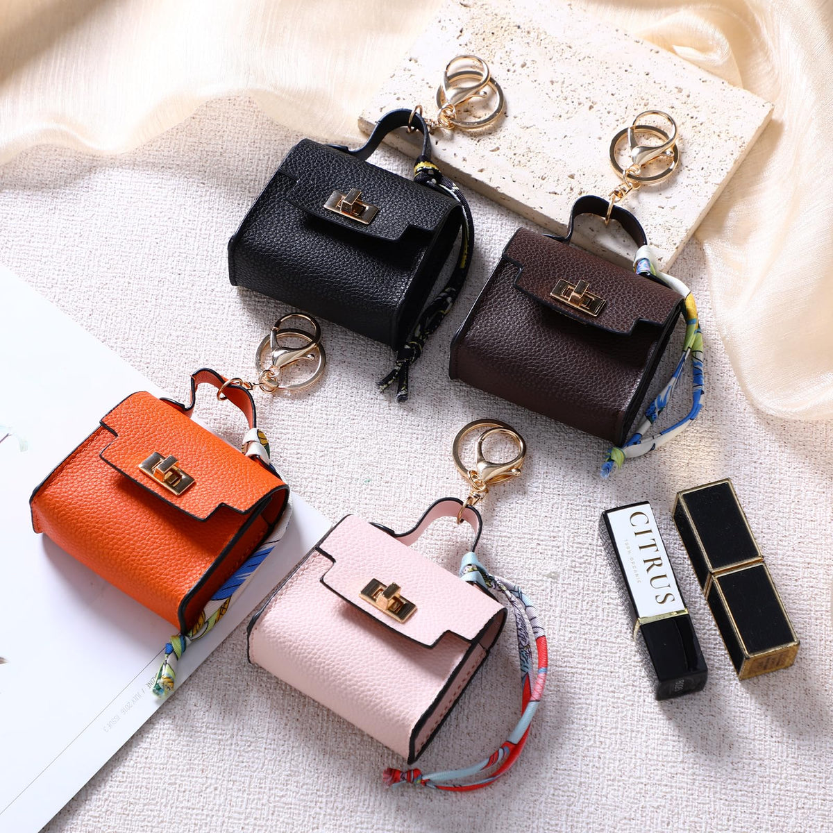 Tondiamo 4pcs Mini Backpack Keychain Coin Purse Keychain Mini Bag Pendents PU Leather Makeup Bag Change Pouch Cute Twist Lock Key Pocket Lipstick Bags for Women Headset Data Cable Organizer Gifts
