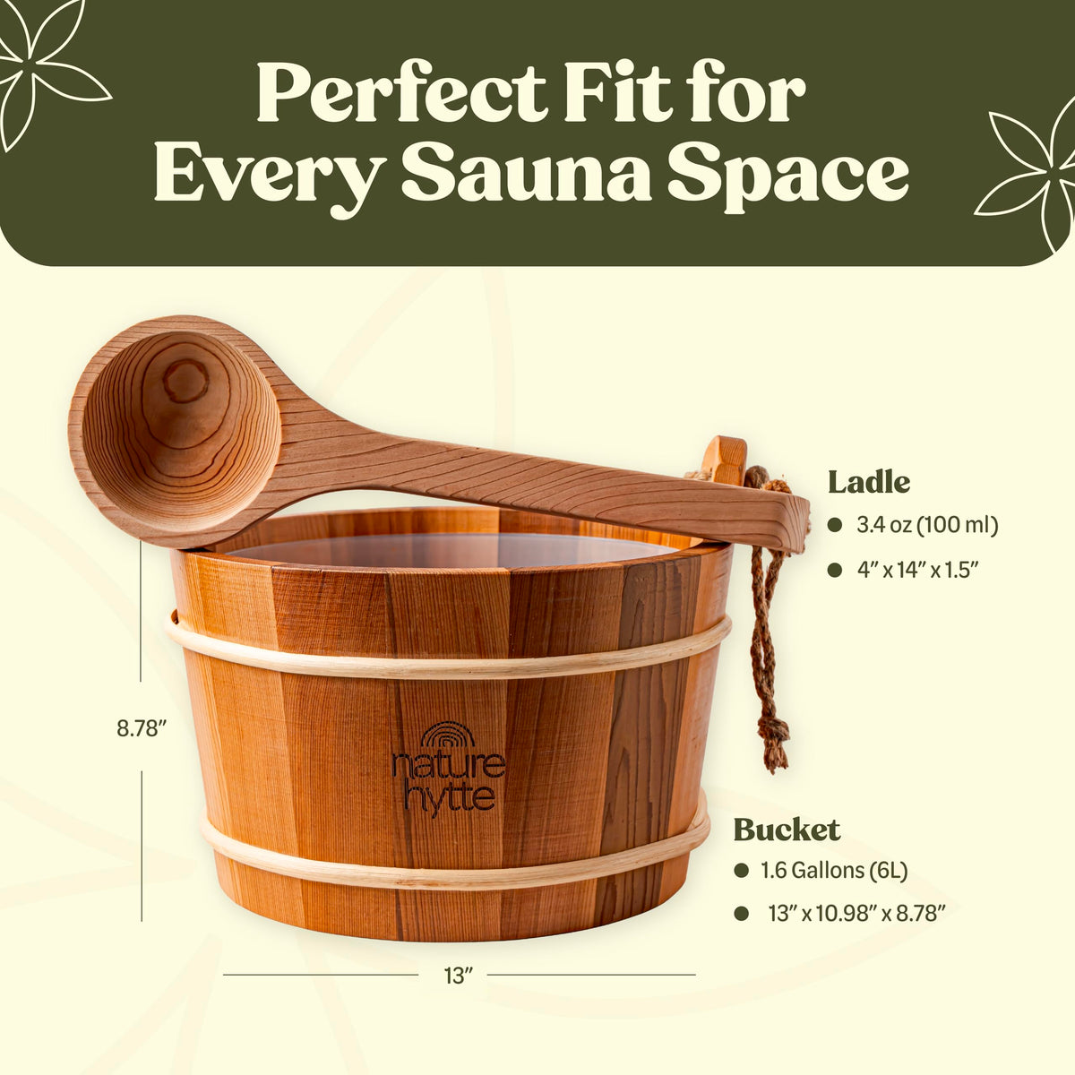 Nature Hytte Red Cedar Sauna Bucket and Ladle Set 6L (1.6 Gallon) - Natural Rope Handle - Premium Red Cedar Wood - Natural Aroma - Elegant Gift-Ready Packaging