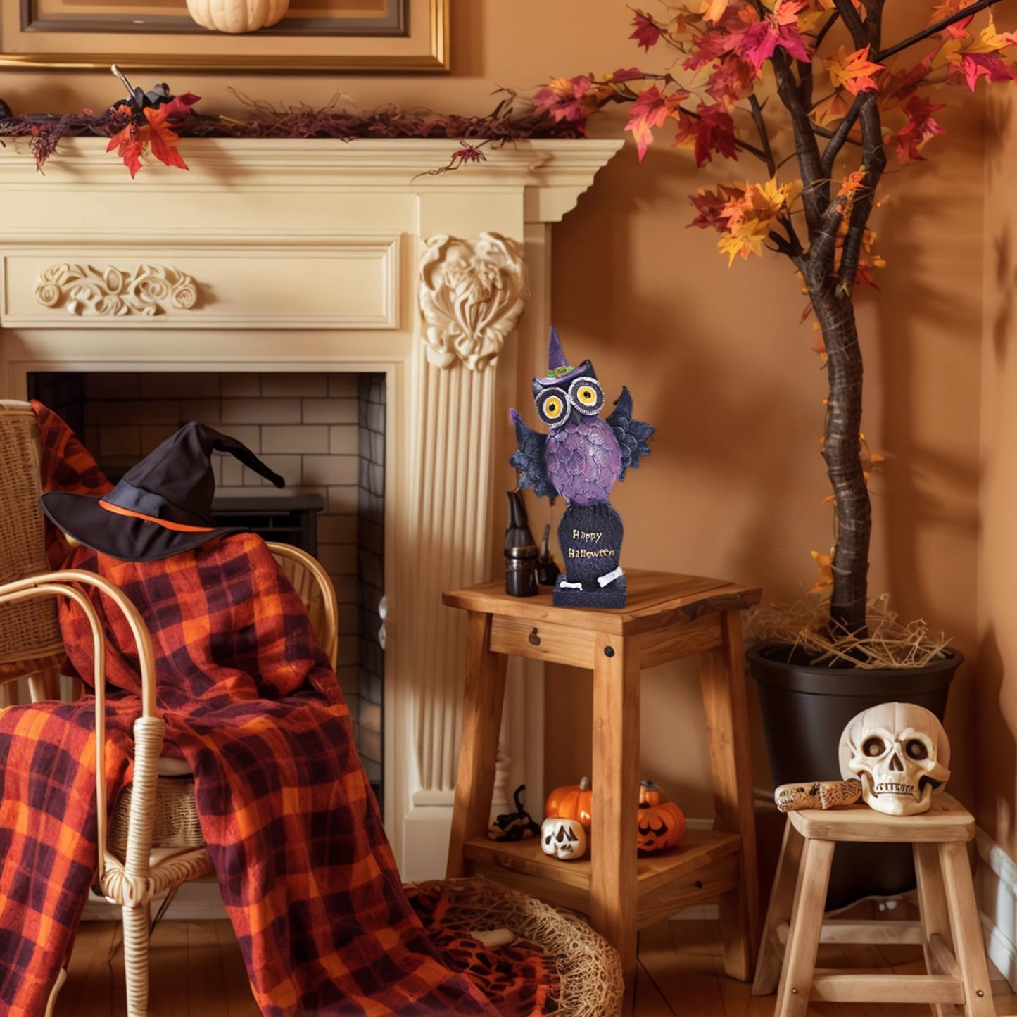 voiyio Resin Owl Statue Decor Home Indoor Halloween Party Decoration Figurine with Witch Hat Room Table Decoration Aesthetic Works of Art of Plastic (Purple)