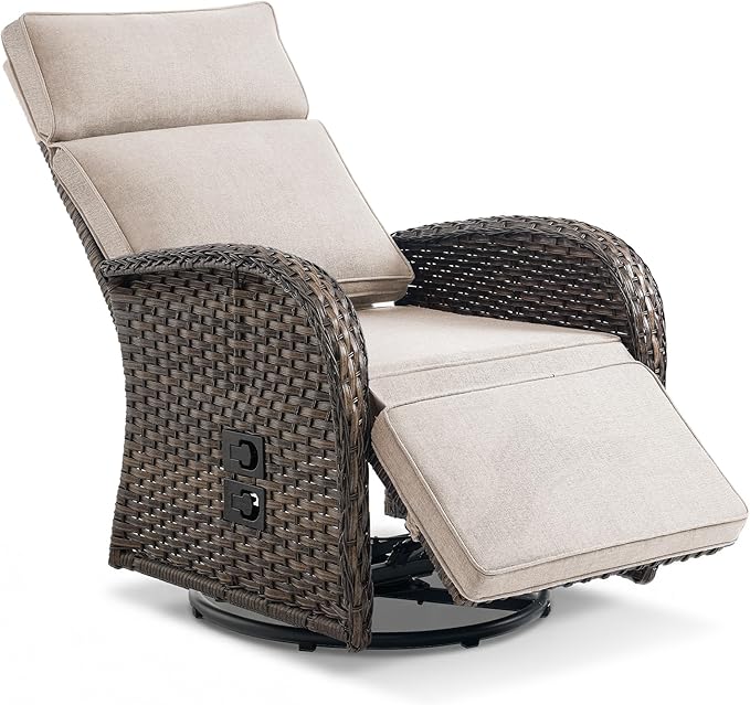 Zero Gravity Patio Swivel Rocking Recliner Chair - Wicker Outdoor Lounge Chair with Adjustable Backrest & Footrest, All Weather Reclining Rocker Chairs with Thick Cushion for Pool Deck Beige
