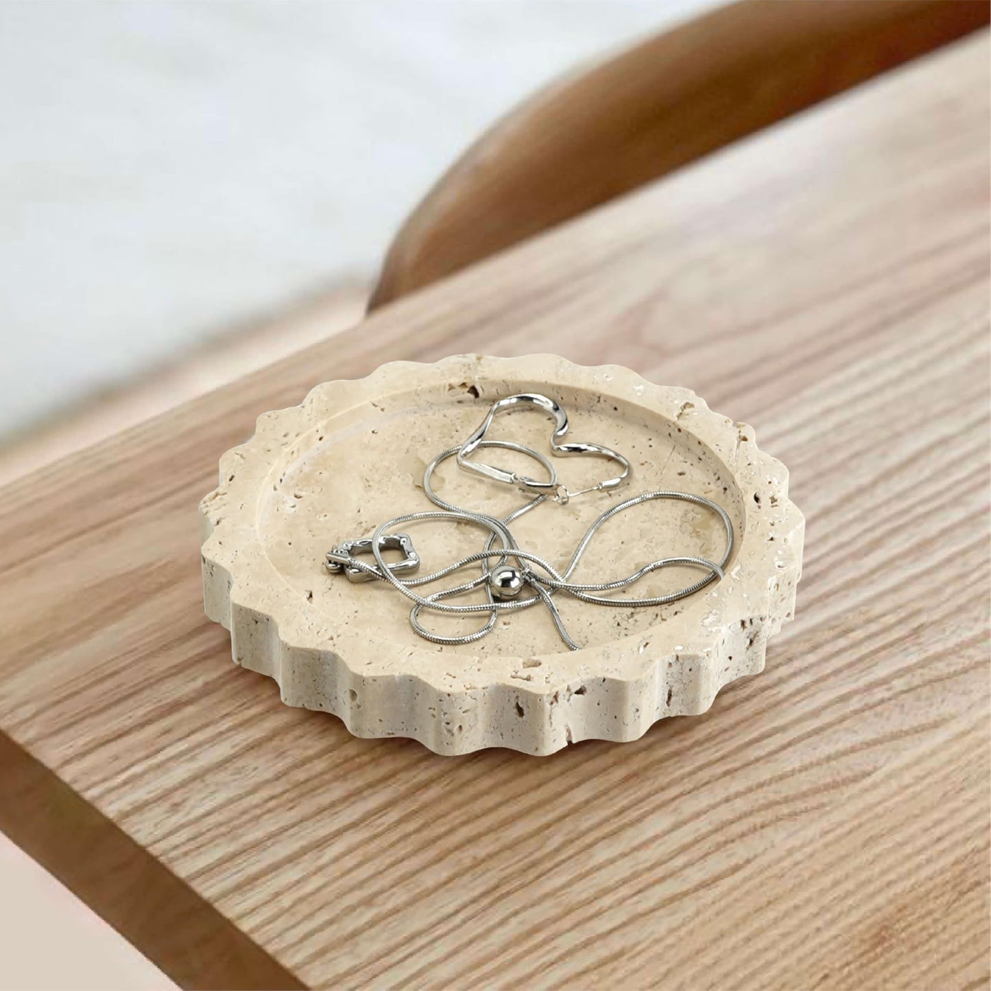 seicasaya 5.5 Inch Small Scallop Edge Tray, Hand-Carved Natural Stone Jewelry Holder, Travertine & Marble Vanity Tray for Rings, Candles, or Keys (Travertine)