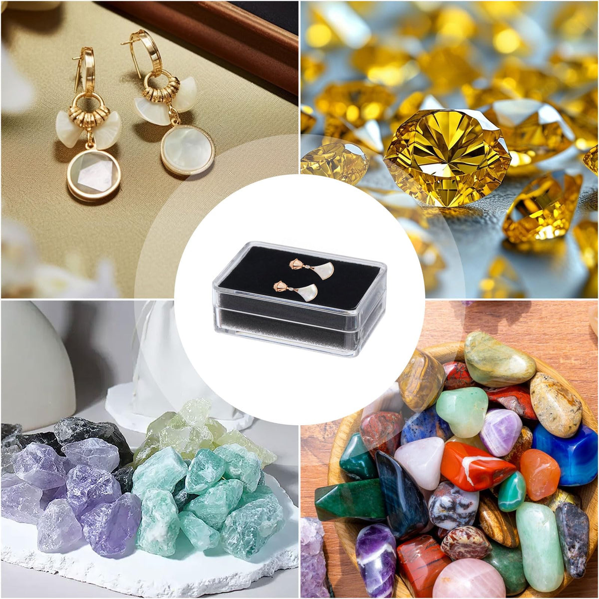 CHGCRAFT 10Pcs Clear Gemstone Display Box Small Loose Diamond Gemstone Display Case Plastic Containers Holder with Clear Top Lids and Sponge, Black