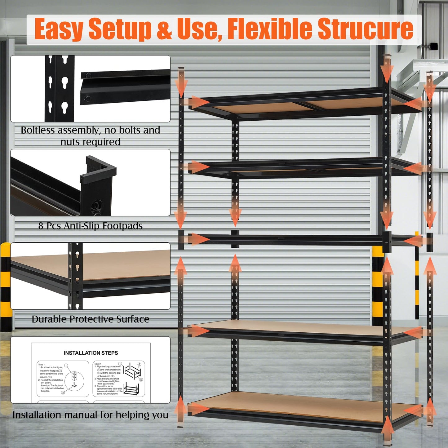 60x24x72 Heavy Duty Garage Storage Shelves,5-Tier Adjustable Metal Shelving Units, 2500 LBS Load Capacity Industrial Utility Storage Racks for Warehouse Pantry Shed Basement Garage Organization