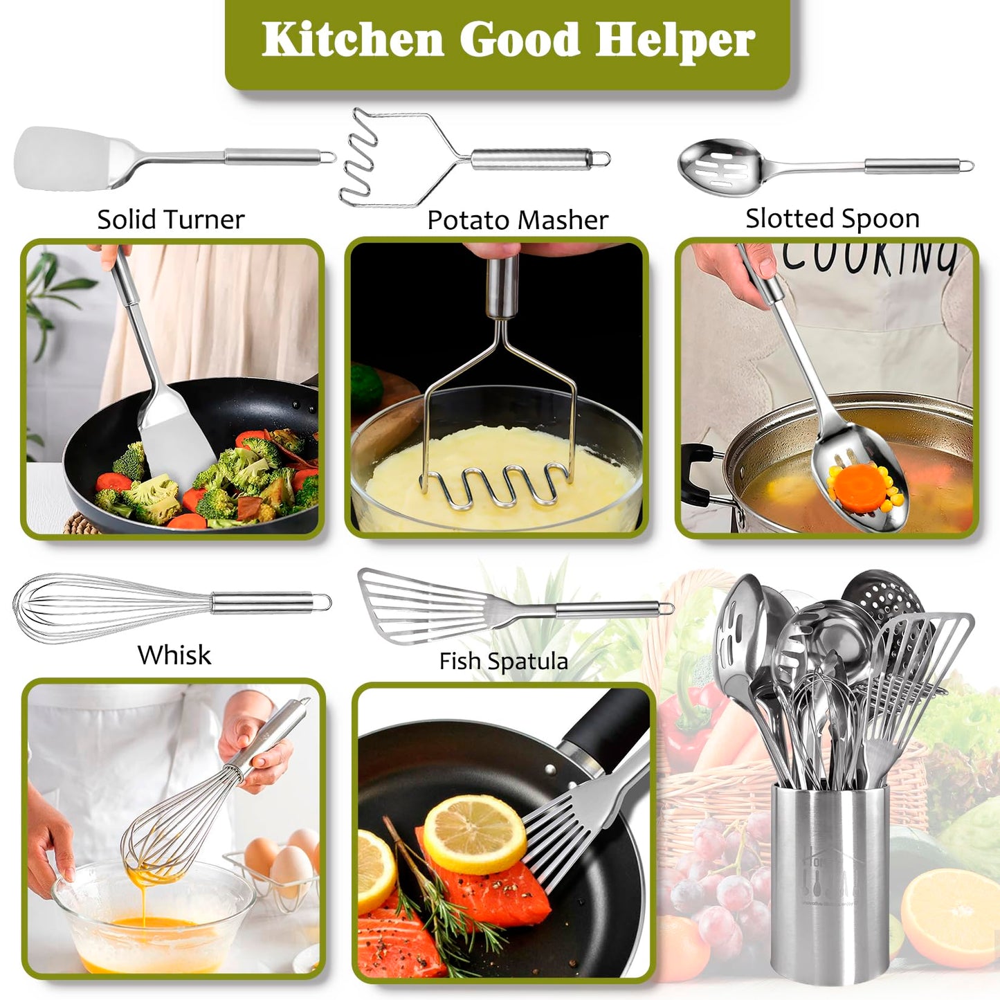 Stainless Steel Kitchen Utensils Set - 12pcs Cooking Utensils Set with Holder, Heat Resistant Kitchen Tool Set for Cooking with Turners, Potato Masher, Spatula, Spoons, Tongs, Whisk