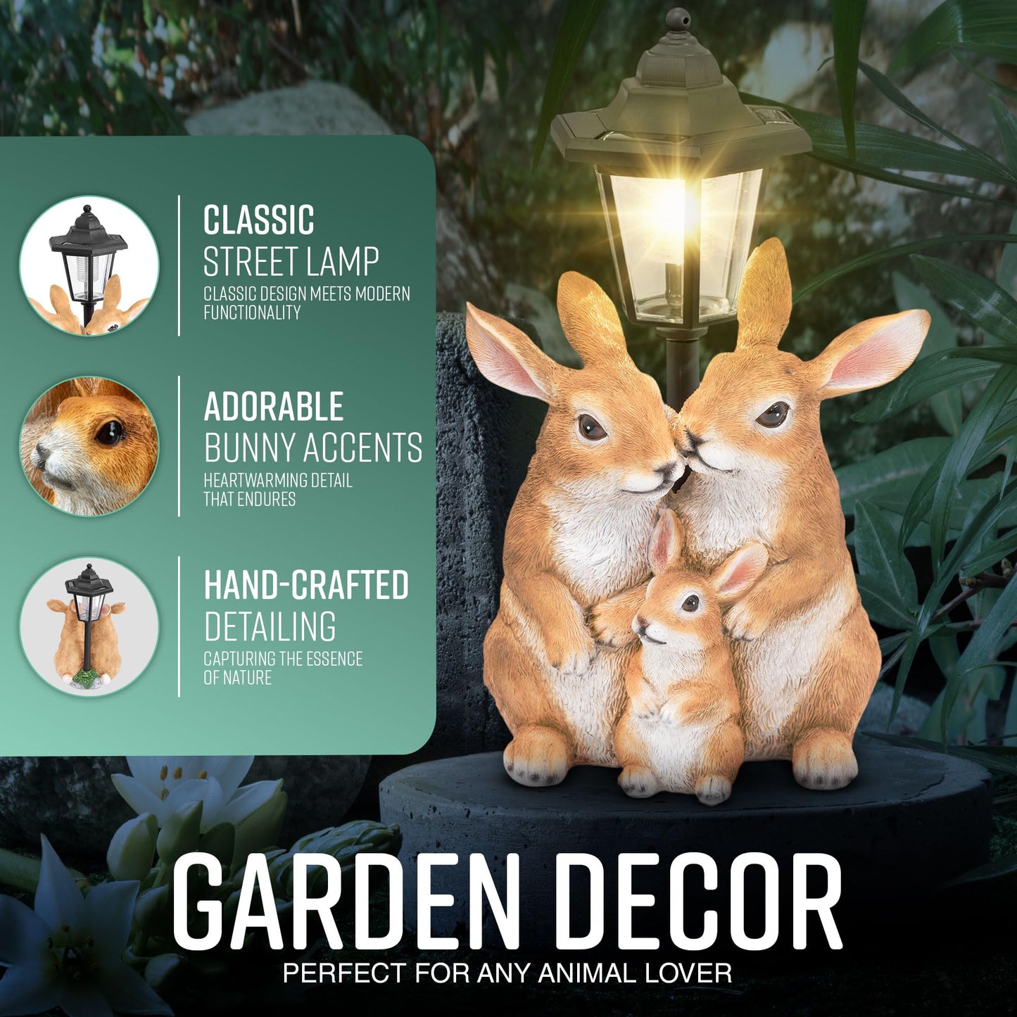 GloBrite Solar Rabbit Family with Lantern Post Light – Resin Garden Ornaments Outdoor Use - Solar Garden Lights for Yard, Patio, Lawn– Charming Animal Figurines