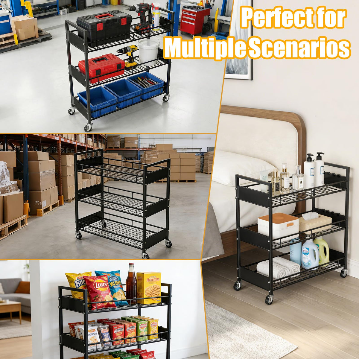 Heavy-Duty 3-Tier Metal Utility Cart with Locking Casters – 330 LBS Load Capacity Rolling Storage Organizer, Quiet Wheels, Free Plastic Bins & Hooks for Home, Garage, Workshop, Hotel, Kitchen