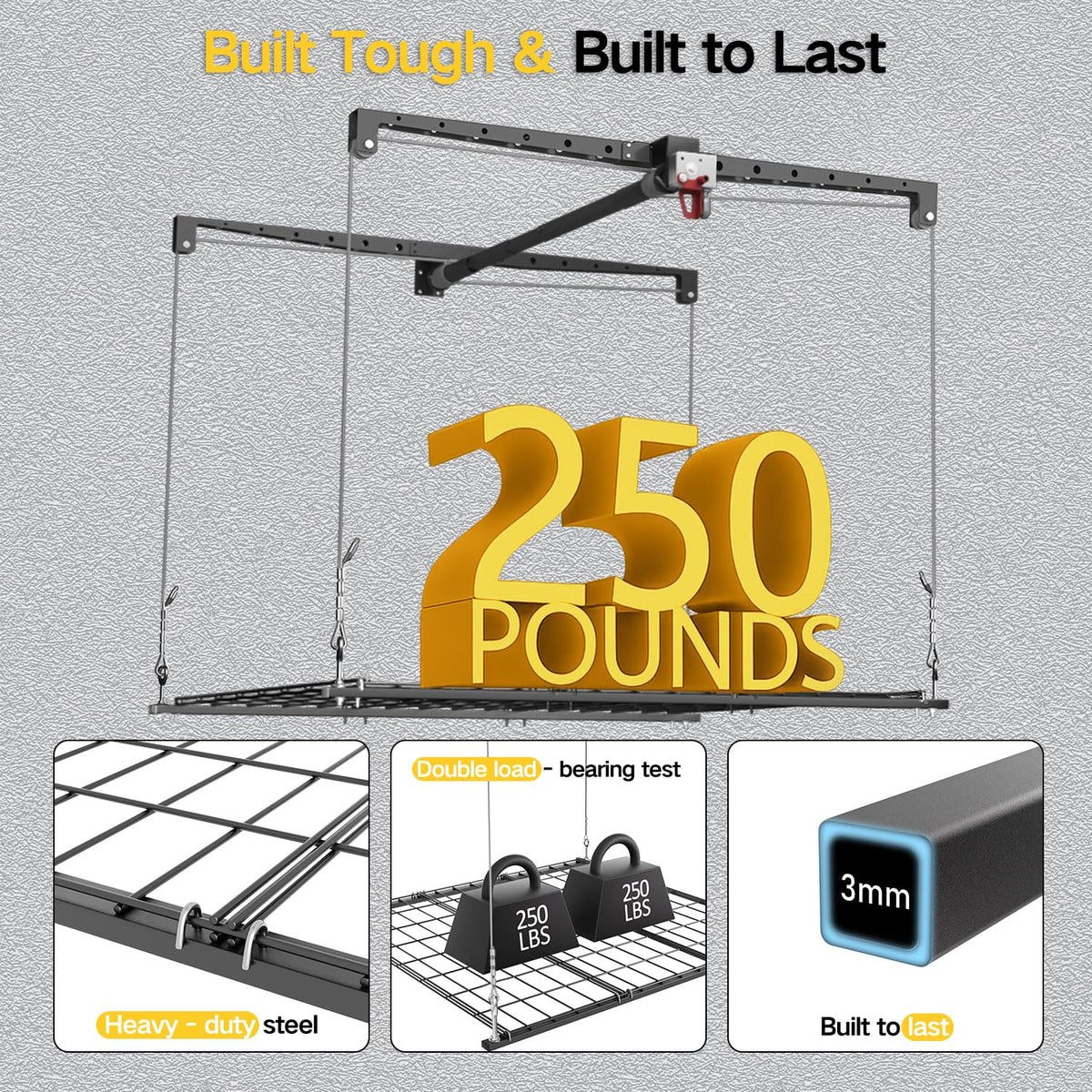 Overhead Garage Storage Rack for 8-10ft Ceiling, Heavy-duty 4x4 FT Garage Ceiling Storage Racks with Safety Lock, Ideal for Storage Mounted Lift System and Storage Organizer, 250lbs Capacity