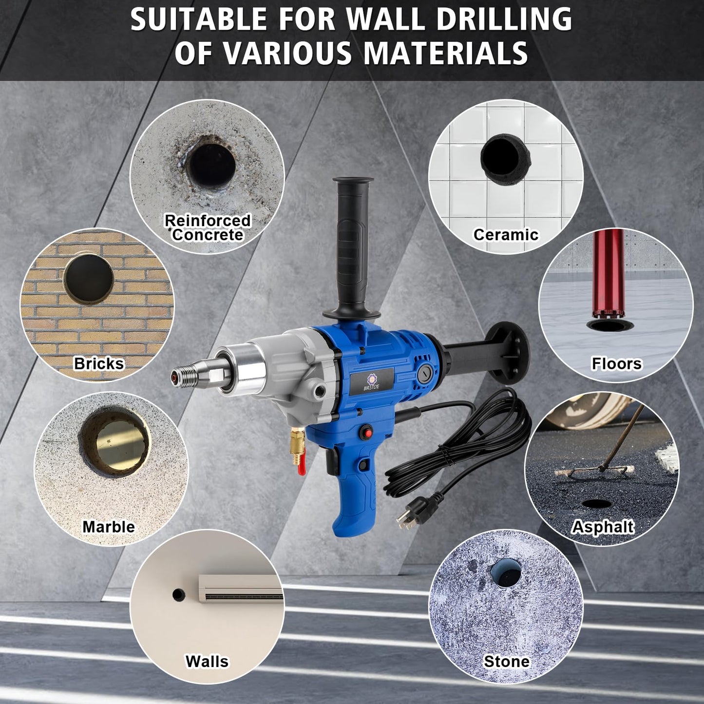 Diamond Core Drilling Machine,concrete core drill,Thread Core Drills Rig with Water Pump Water Pipe equipped,Wet & Dry Core Drill Rig with three industrial-grade drill bits, for Concrete Brick Stone