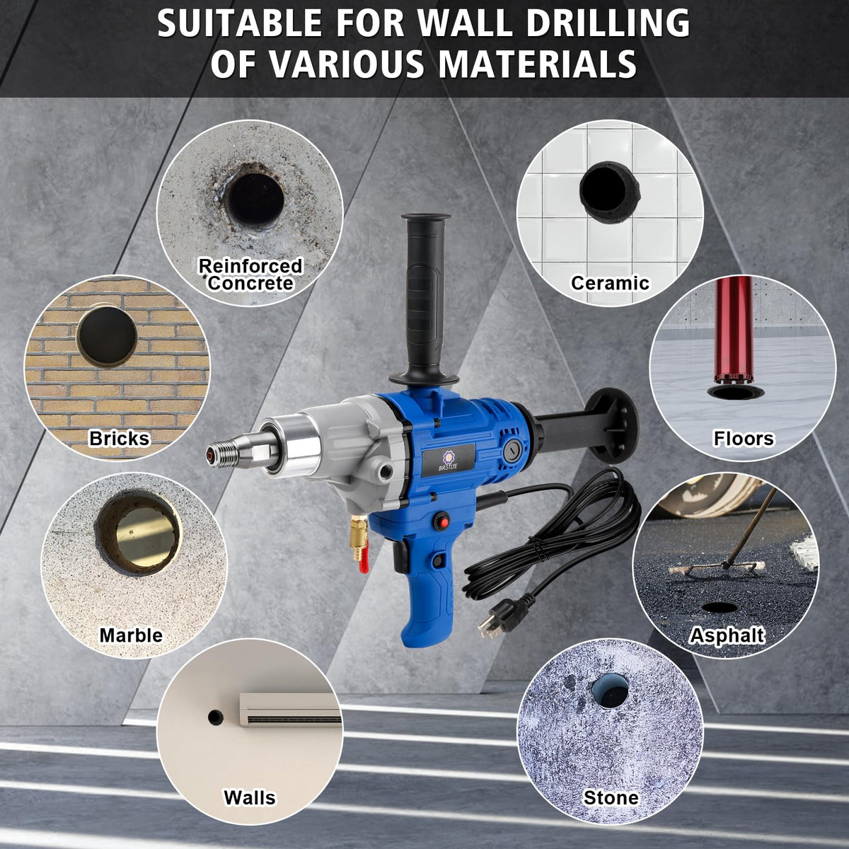 Diamond Core Drilling Machine,concrete core drill,Thread Core Drills Rig with Water Pump Water Pipe equipped,Wet & Dry Core Drill Rig with three industrial-grade drill bits, for Concrete Brick Stone