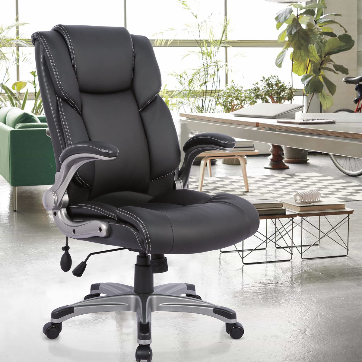 COLAMY High Back Executive Office Chair - Padded Leather Ergonomic Computer Desk Chair with Inflatable Lumbar Support & Flip-Up Arms, Adjustable Tilt Lock Swivel Task Chair for Home Office, Black
