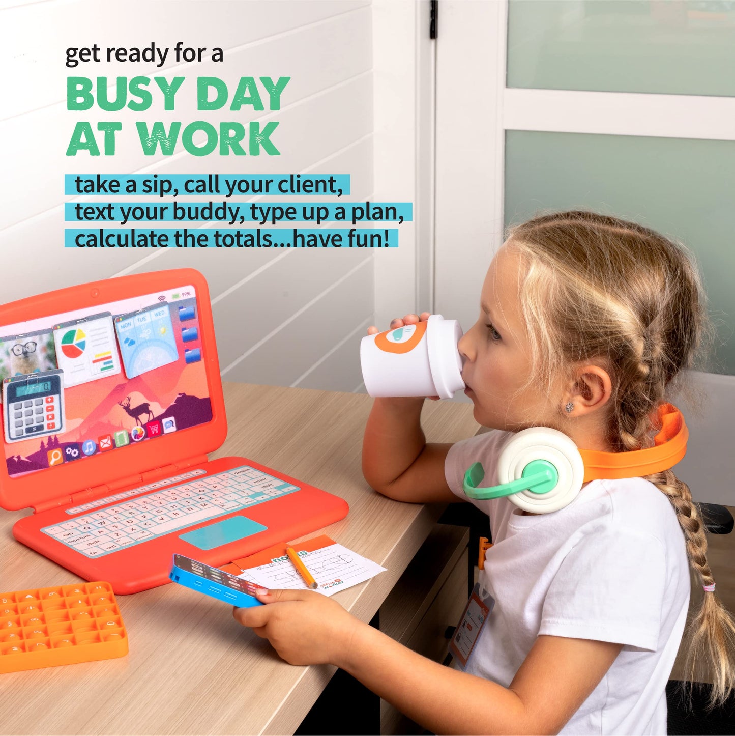 Born Toys Office Toddler Pretend Play Sets for Kids Ages 3+, Imaginative Pretend Play Set for Boys & Girls, 9-Piece Work Pretend Play Toys with Toy Laptop, Pretend Headset, Toy Phone, Gift Ready Bag