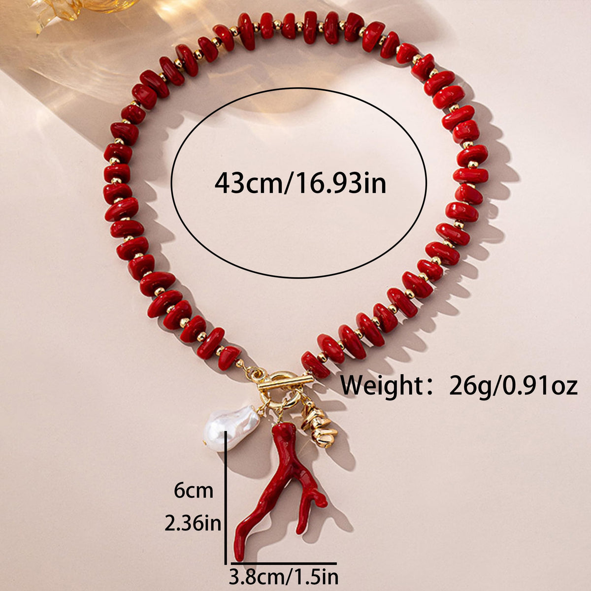 Ocean Coral Pendant Necklace for Women Green Acrylic Beaded Choker Gold OT Clasp Baroque Pearl Charm Necklace Boho Summer Beach Vacation Nautical Coastal Jewelry (Red)