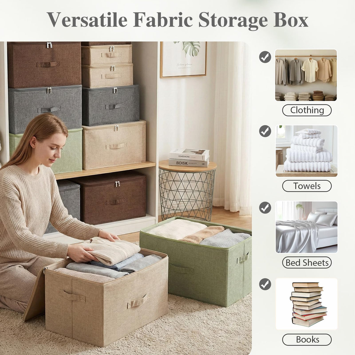 ANMINY 3PCS Storage Bins with Zipper Lids 13 Qt Lidded Fabric Storage Boxes Baskets Cubes with Handles Collapsible Washable Cotton Linen Closet Shelf Clothes Organizer Containers - Gray, Small