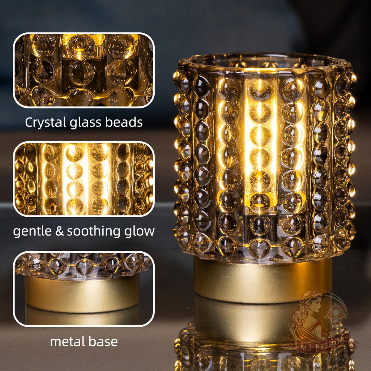Battery Operated Lamp with Timer, Mini Crystal Table Lamps for Home Decor, Small Cordless Lamp for Areas No Outlets, Glass Battery Powered Lamps for Entryway, Bedroom, Bathroom, Shelf, Corner (2 Grey)