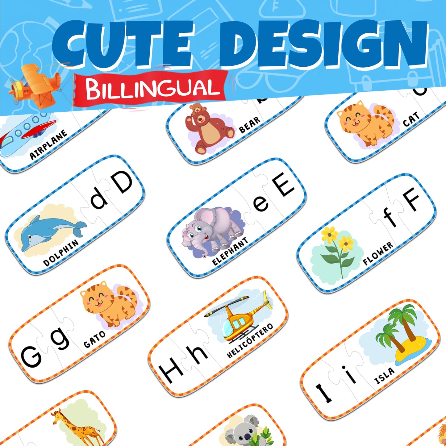 Bilingual Spanish English Alphabet ABC Puzzle Jigsaw Cards for Toddlers, Montessori Preschool Kindergarten Readniness, Self Correcting Sight Words Letter Puzzle 27 Letters Double-Sided with Gift Box