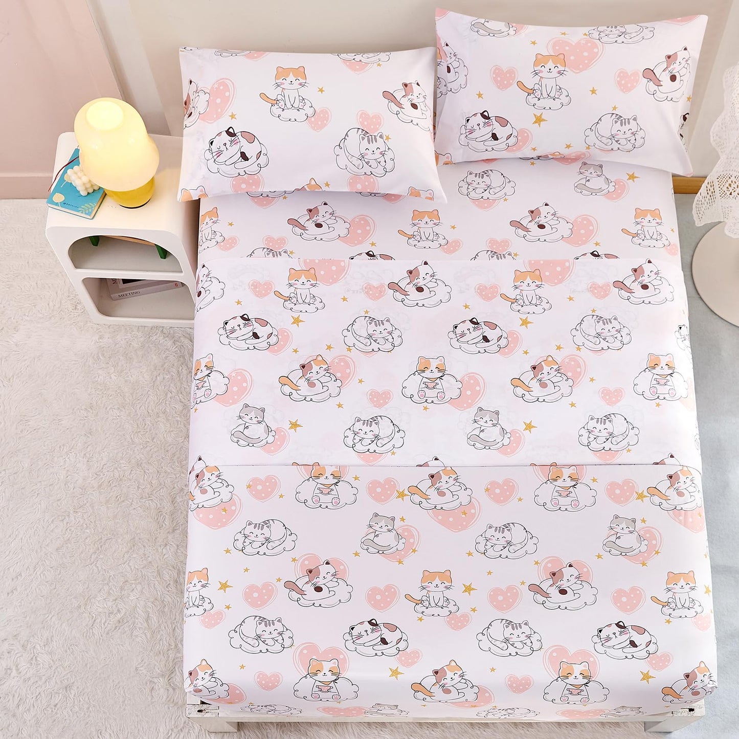 Yibeizi Cat Full Sheet Set for Girls, Kids Cute Pink Heart Bedsheet Microfiber Deep Pocket Bedding Sheets & Pillowcases 4 Pieces