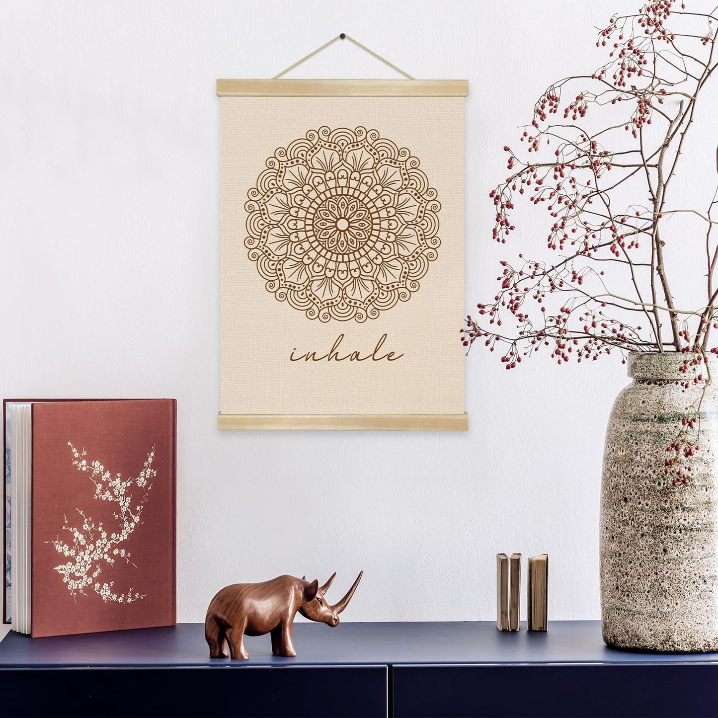 Inhale Mandala Wall Art ,Minimalist Yoga & Meditation Poster, Natural Linen Canvas with Wooden Hanger, Boho Zen Decor for Breathing Space, Spa Room, or Mindfulness Corner 14x18.5Inch(BG010)