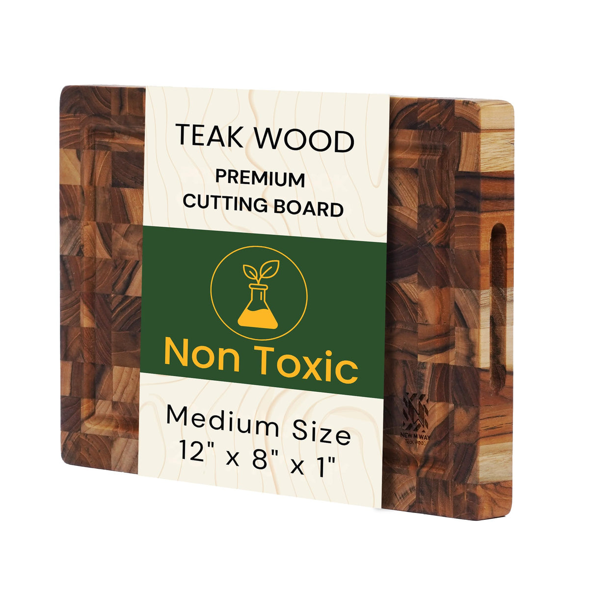 Premium End Grain Teak Cutting Board 12" x 8" x 1" with Handle & Juice Groove, Medium Thick Solid Non-toxic Wood Butcher Block for Meat, Fruit, Cheese & Kitchen Prep by New M Way