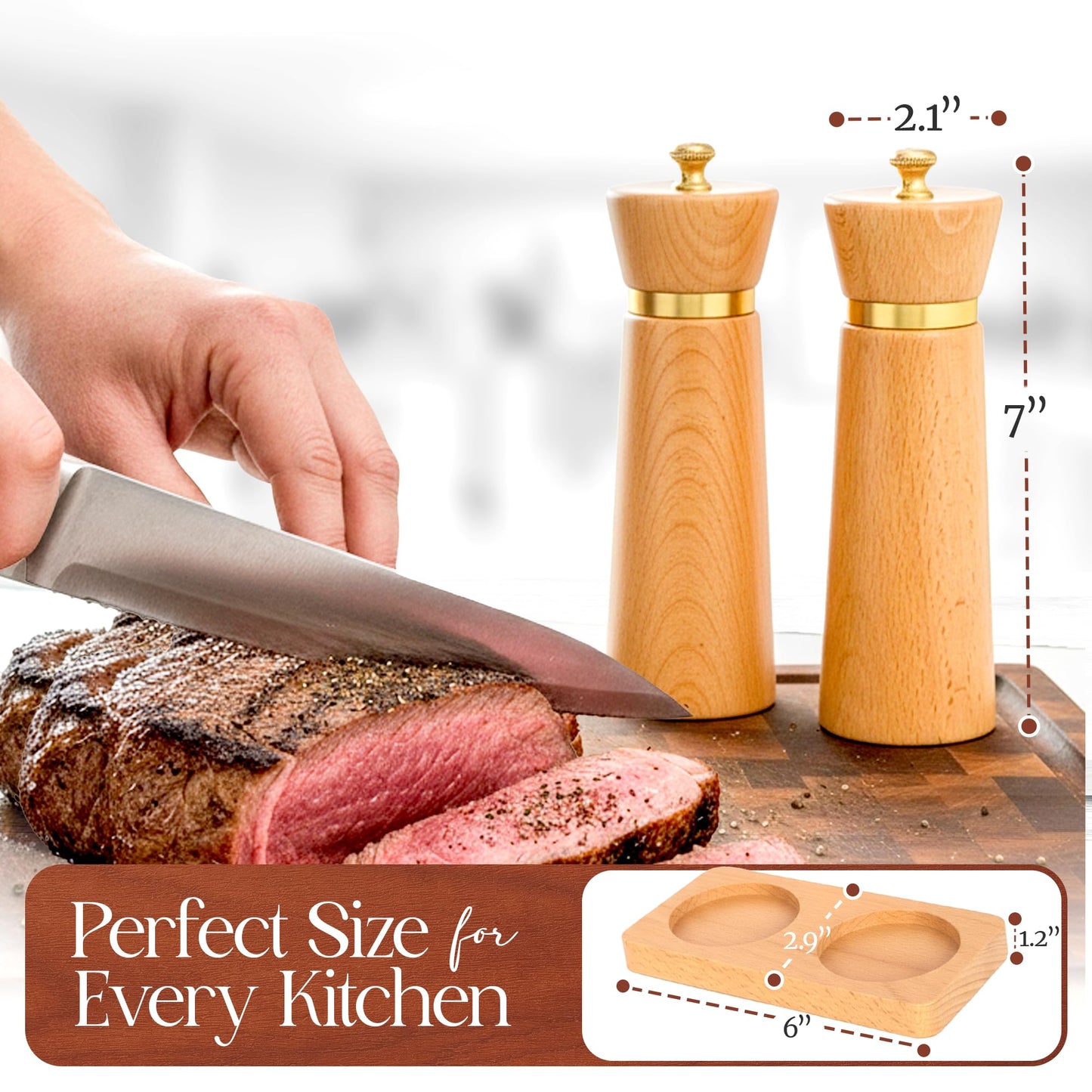 Besti Wooden Salt and Pepper Grinder Set with Tray - Striped Acacia Refillable Grinders for Salt, Pepper, Seasonings, Reusable Pepper & Salt Mill - Kitchen & Dining Table (7" Beech)
