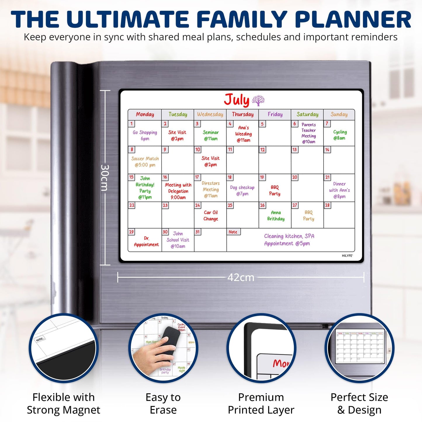 HILYFE Monthly Planner Whiteboard A3- Magnetic Fridge Calendar for Cupboard & Wall with 4 Dry Erase Markers - Meal Planning Memo Board - Task Planning and Event Reminder Notice Board