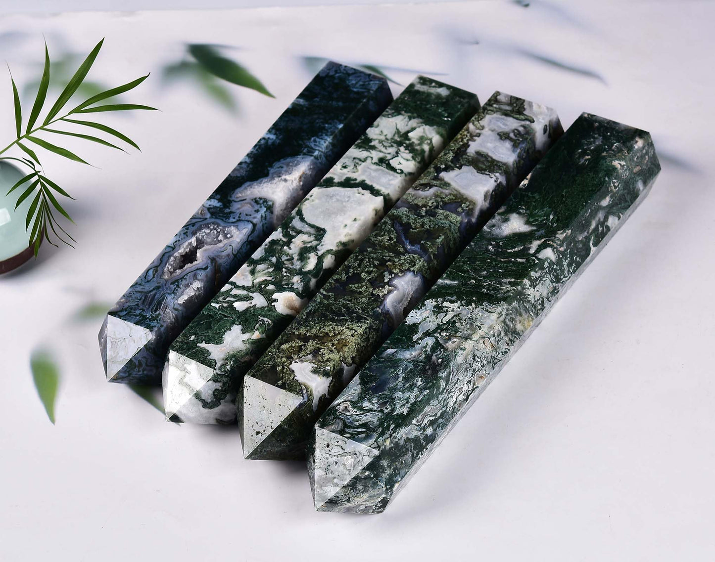 AMOYSTONE Extra Large Healing Crystal Obelisk Towers Moss Agate Point Wand Home Decor Reiki Healing 4.0-4.4LBS