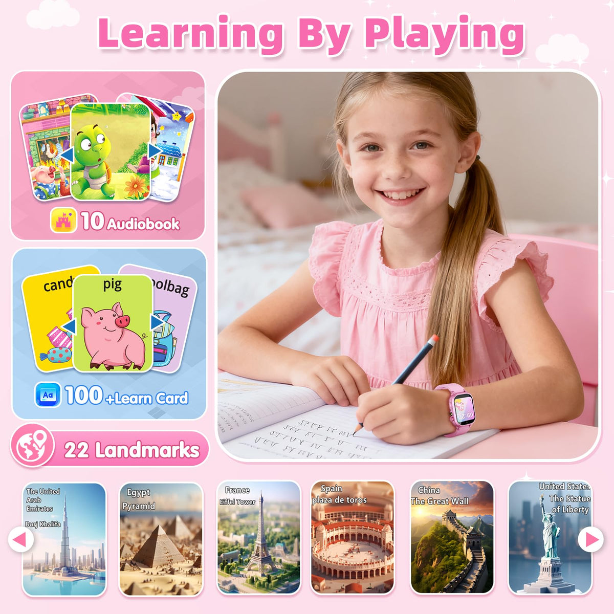 Kids Smart Watch Girls Gift for Girl Aged 5-12, 40 Games HD TouchScreen Kids Watch with Video Camera Music Pedometer Audiostory Learn Card Toys Birthday Gifts for Girls Ages 5 6 7 8 9 10(Pink)