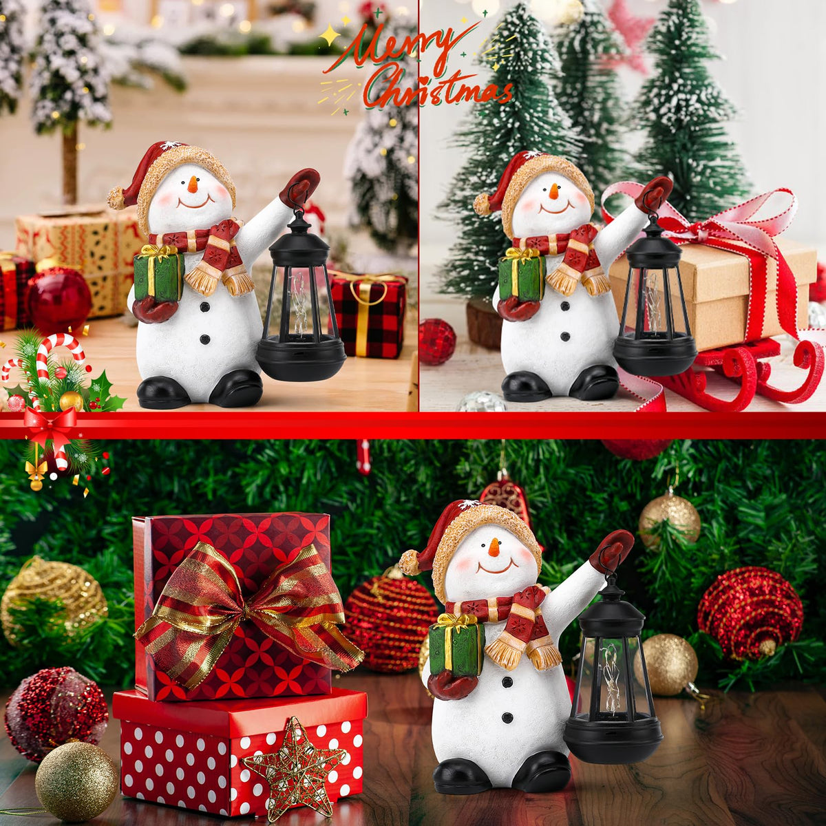WONDHOME Solar Christmas Snowman Decoration Resin Snowman Outdoor Statue with LED Lantern for Porch Garden Patio Yard Home Decor Christmas Gardening Gifts for Women Mom