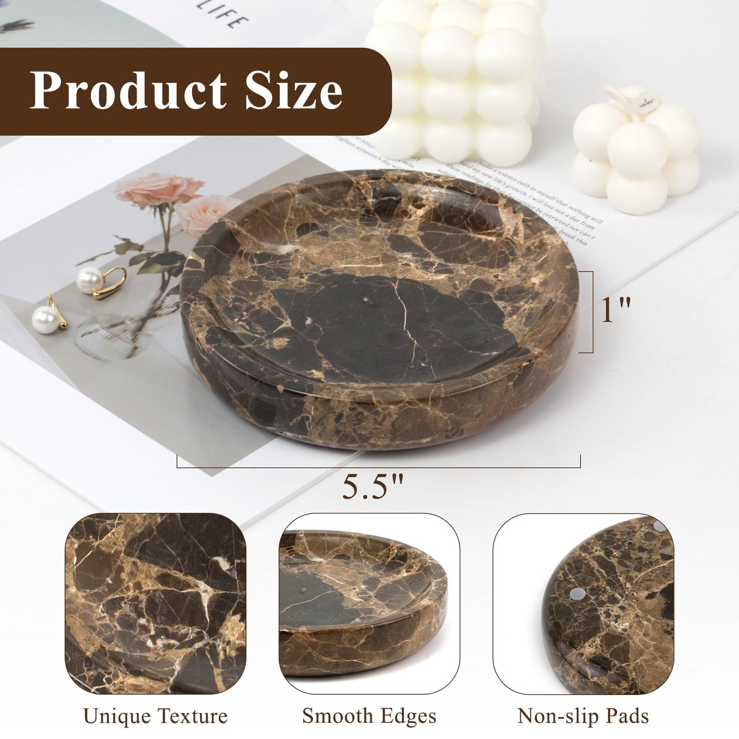 LIN CHUAN Jewelry Dish Marble Vanity Tray, Round Ring Dish, Trinket Dish, Small Decorative Catchall Trays for Earrings, Rings, Keys, Jewelry Holder Plate Gift for Women, 5.5”, Brown