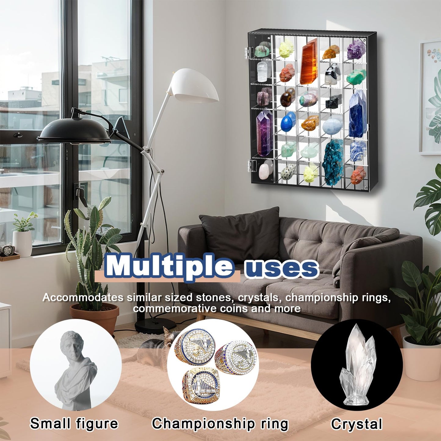 Cinnvoice Rock Display Case Adjustable 30 Grids Acrylic Display Case with Mirrored Crystal Organizer for Collectible, Crystal, Stones, Wall Mountable, Magnetic Door (Black Border, Square)