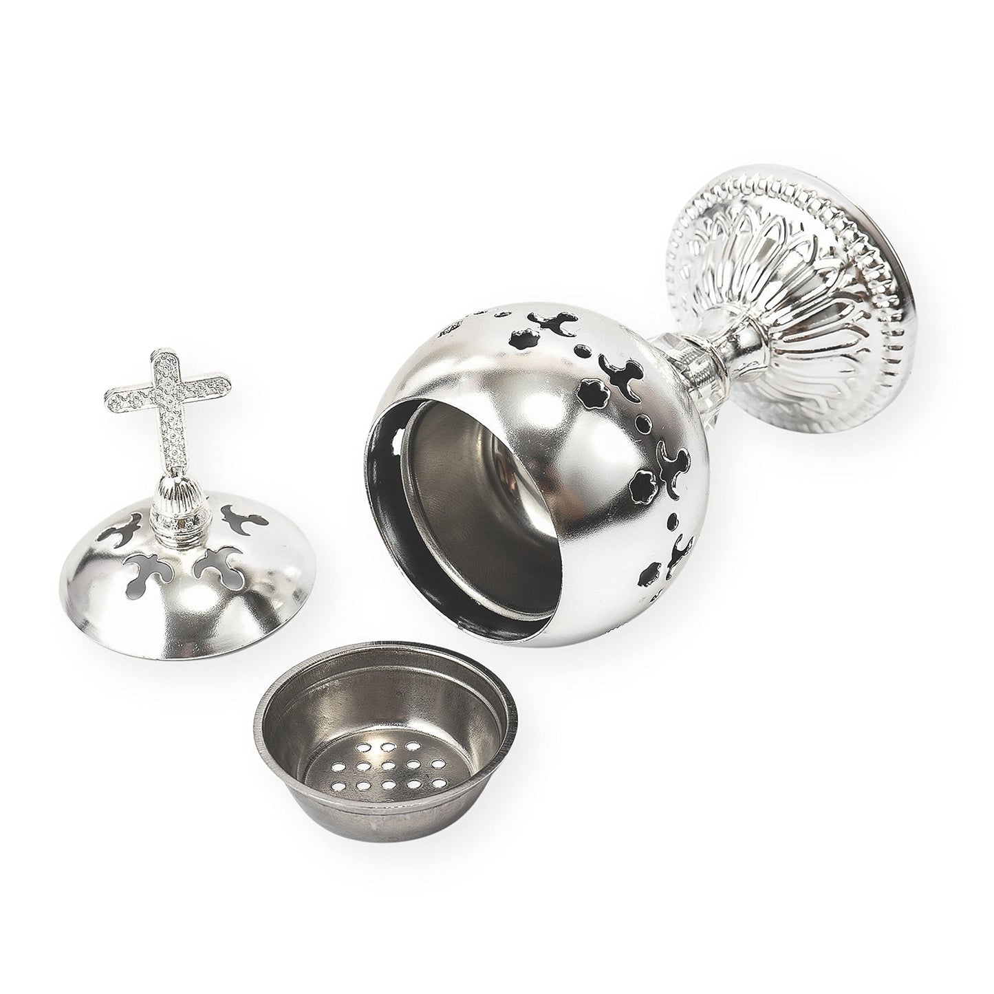 Nazareth Store Silver Charcoal Incense Burner Catholic Cross Censer Brass Plated Distiller for Church and Home