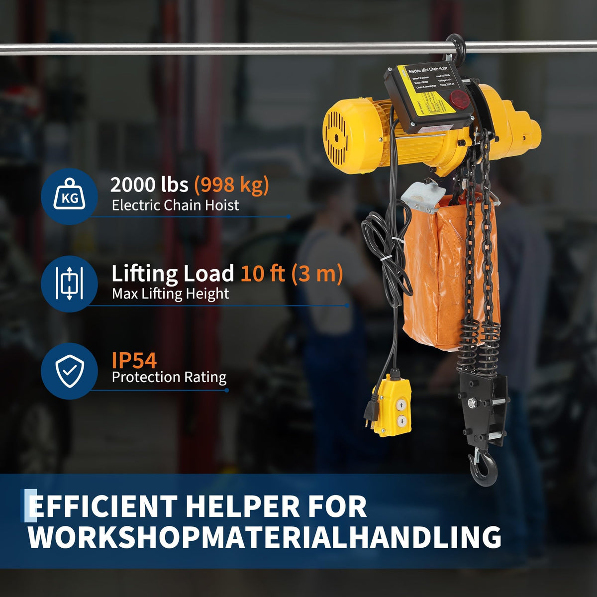 Electric Chain Hoist, 2200 lbs/1 ton Capacity, 10 ft Lifting Height, 10 ft/min Speed, 120V, Single Phase Overhead Crane with G100 Chain, 10 ft Wired Remote Control for Garage, Shop, Hotel, Home