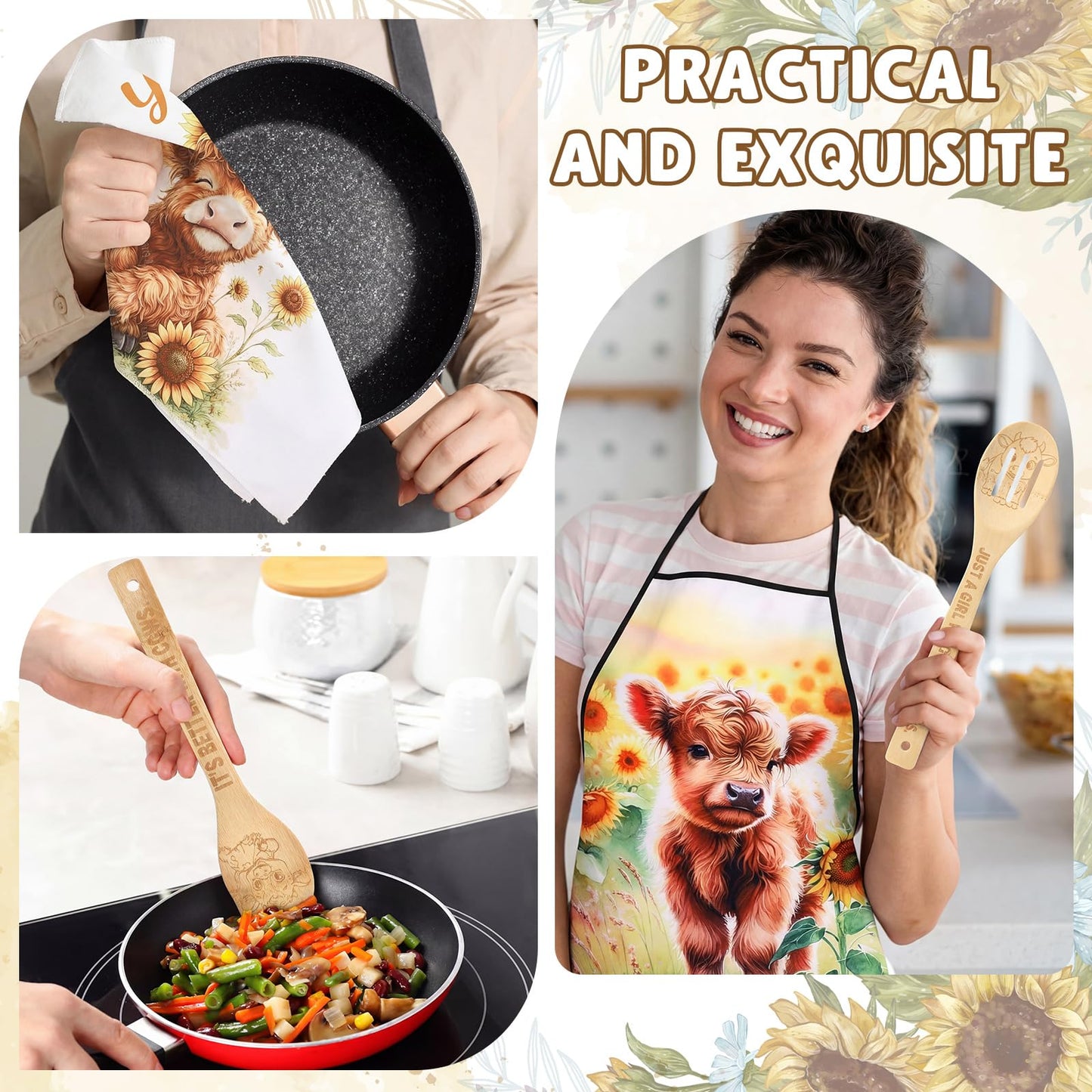 Zhehao 8 Pcs Highland Cow Kitchen Decor Cooking Utensils Set 4 Bamboo Spoons with 1 Utensil Holder 1 Towel 1 Apron Cow Gifts for Women Kitchen Bathroom Home Decorations Housewarming Gifts