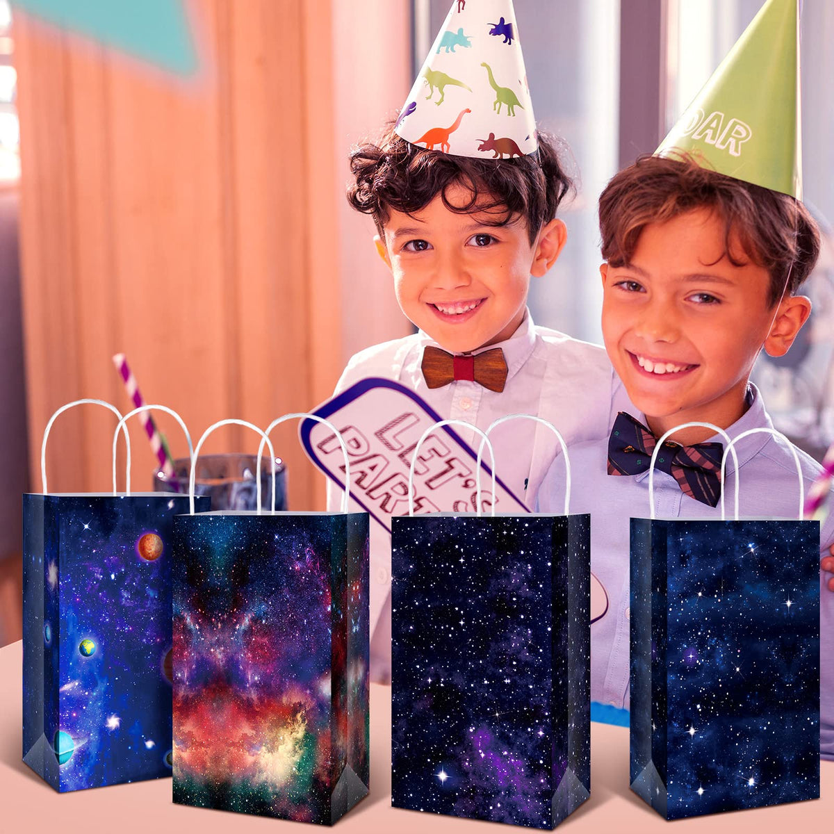 Nezyo Outer Space Present Bags - 24 Pack Galaxy Gift Bags for Kids' Space Theme Party Supplies(Galaxy Style)