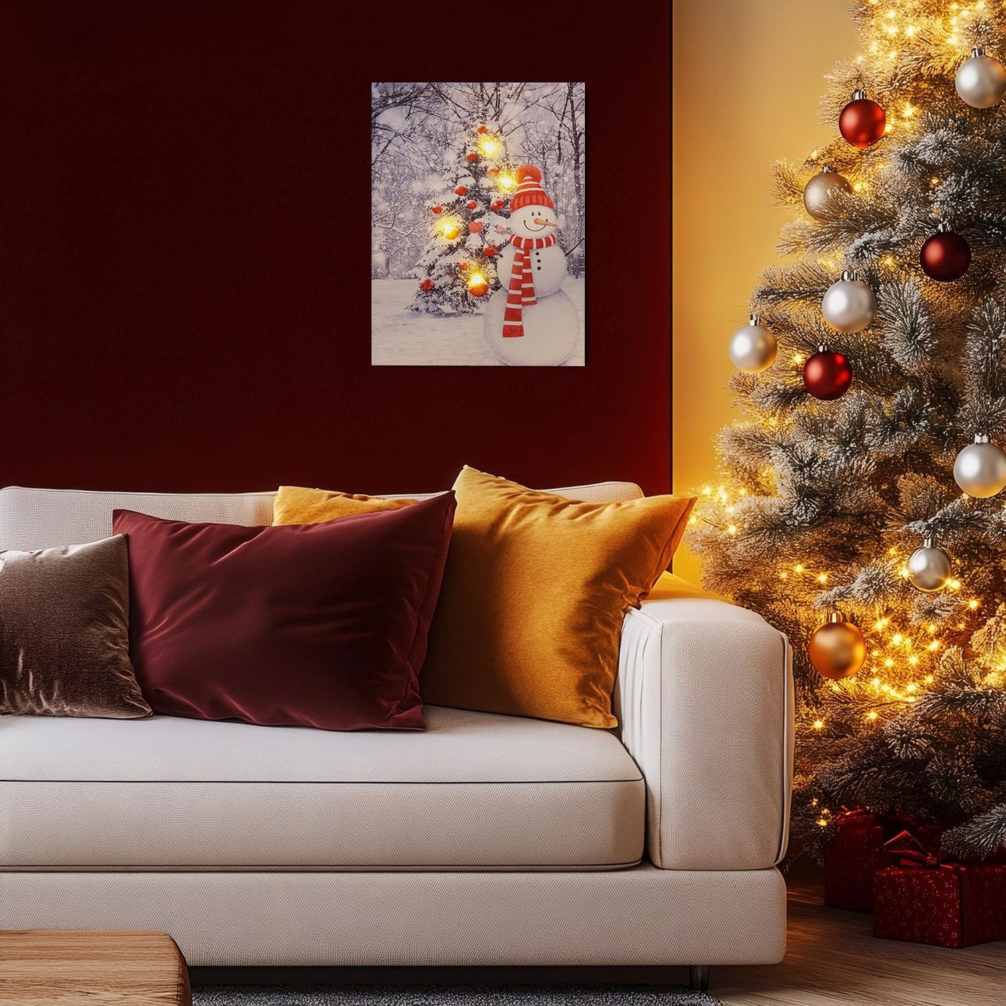 NIKKY HOME LED Christmas Picture Christmas Tree Picture Lighted Winter Pictures Wall Decor With Snowman Christmas Wall Art Winter Scene Decor 12" X 16"