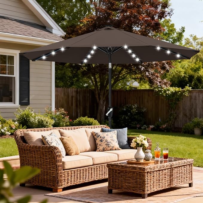 ABCCANOPY 10FT Durable Solar Led Patio Umbrellas with 32LED Lights (Brown)