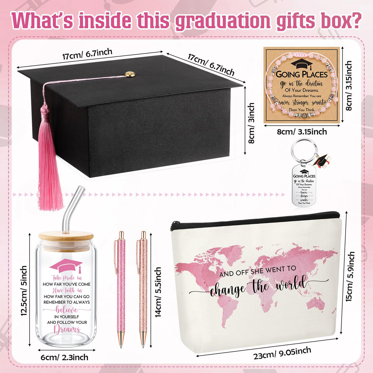 Vesici 8 Pcs Class of 2026 Graduation Gift Box Set for Women Her Grad Cap Box Glass Cup Makeup Bag Bracelet Pen Keychain College High School Graduation Gift for Daughter Sister Friend(Pink)