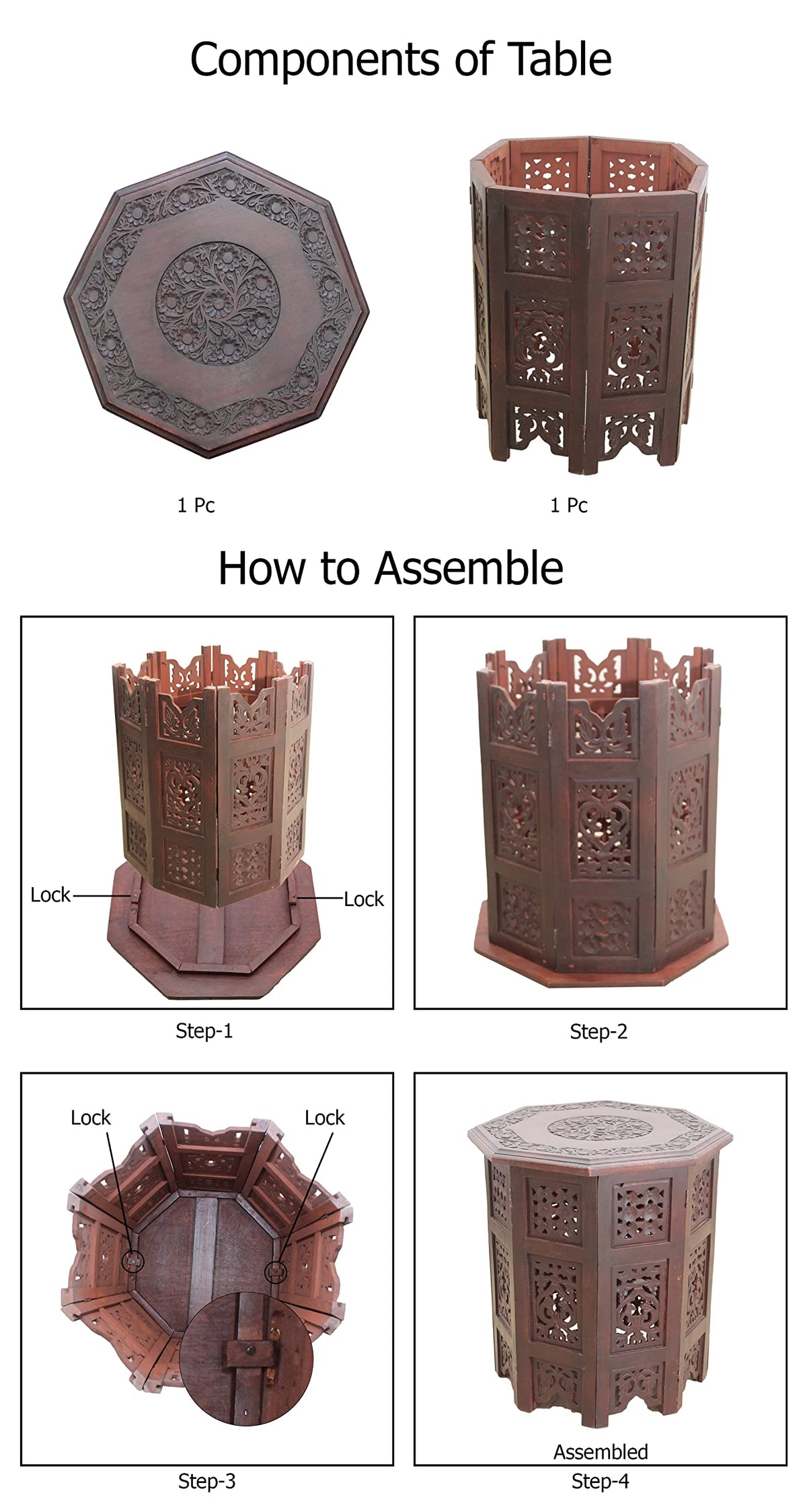 COTTON CRAFT Solid Wood Accent End Table - Hand Carved Vintage Boho Folding Side Table - Small Spaces Entryway Farmhouse Living Room Bedside - No Tools Assembly - 18x18 Octagon - Brown
