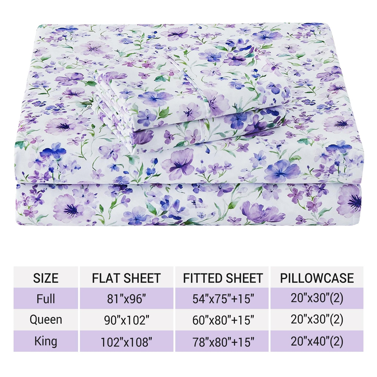 Viviland Floral Twin Sheet Set - 3 Piece Vintage Lavender Flower and Leaves Patterned Bed Sheets - Soft, Breathable Microfiber Sheets with Deep Pocket, Non-Slip Fitted Sheets & Pillowcases
