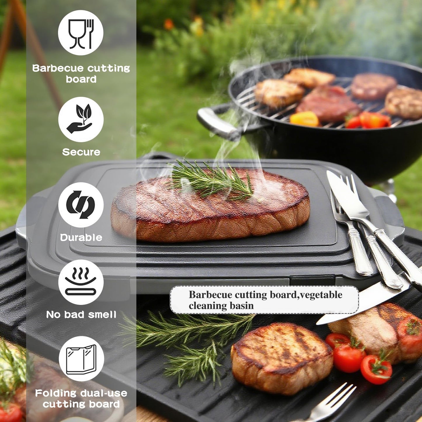 Collapsible BBQ Prep Tub with Lid & Cutting Board 8L - Meat Marinating Basin & Grill Carry System - 5pc Set with Heat Resistant Gloves, Basting Brush & Spatula(Black, Large, 8L)