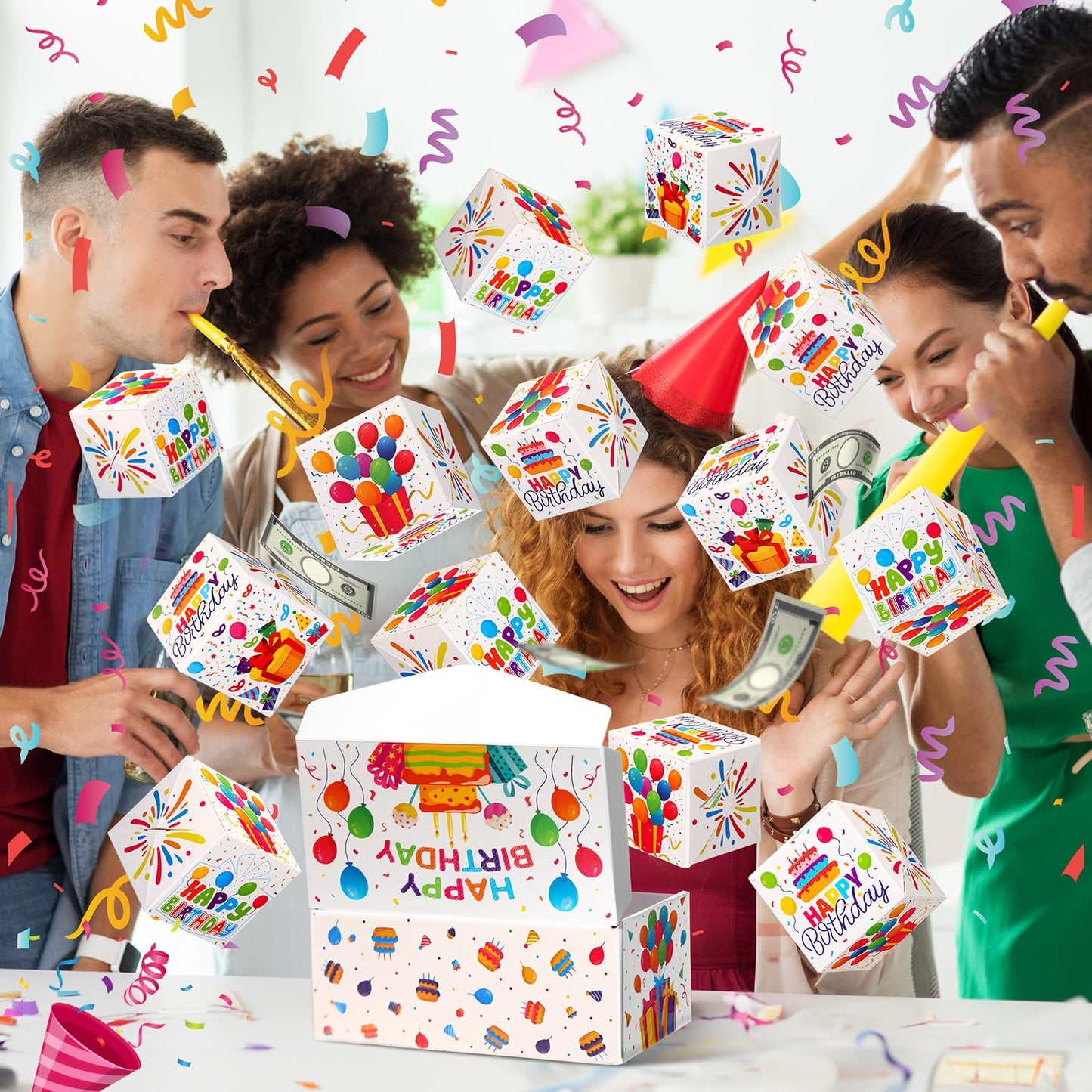 Tenceur 14 Pcs Happy Birthday Exploding Gift Box Set 12 Bounces Boy or Girl Folding Bouncing Gift Box Funny Pop out Money Cash Explosion Gift Box for Women Men Kids Birthday Party Gifts Favors
