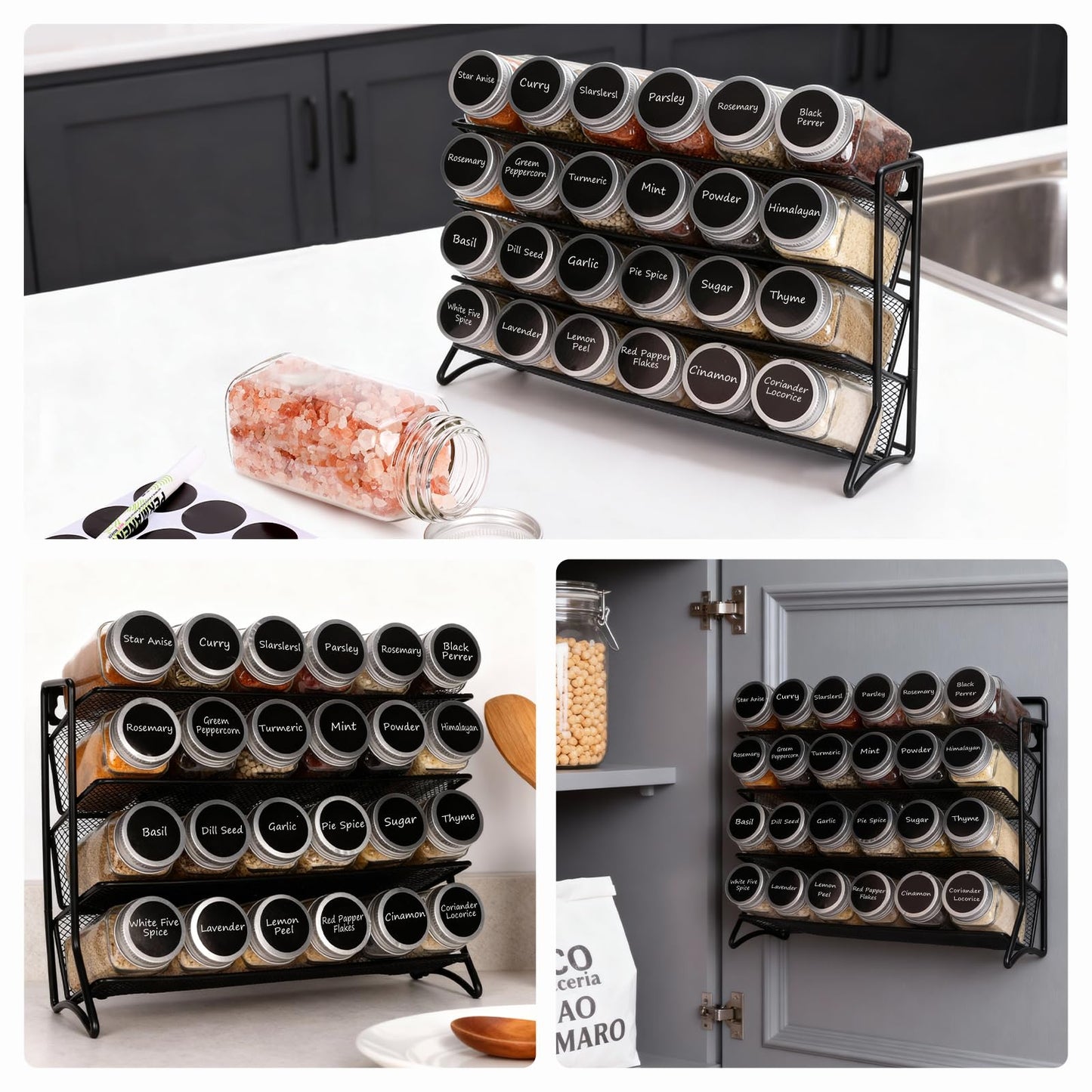 DIDITIME Spice Rack Organizer with 24 Glass Jars and 60 Labels, 4-Tier Seasoning Organizer for Cabinet, Countertop, Pantry or Wall Mount, Rust-Resistant Carbon Steel Spice Jar Set with Marker
