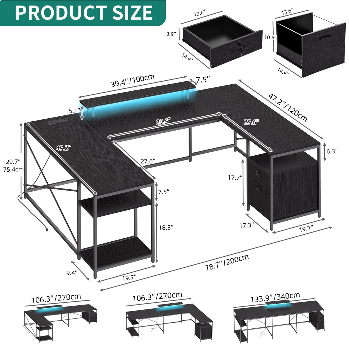 YITAHOME U Shaped Desk with Power Outlets & LED Lights, 79" Reversible L Shaped Desk with Drawers, Corner Computer Desk Office Desk with Monitor Stand & Storage Shelves, Black