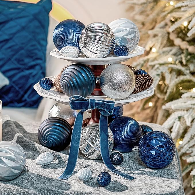 JORNOY Blue and Silver Christmas Tree Ornaments - 3.12inch/80mm Shatterproof Ornaments for Christmas Tree Set Plastic Decorative Hanging Balls Ornaments for Xmas Tree Decorations, 32ct (Blue & Silver)