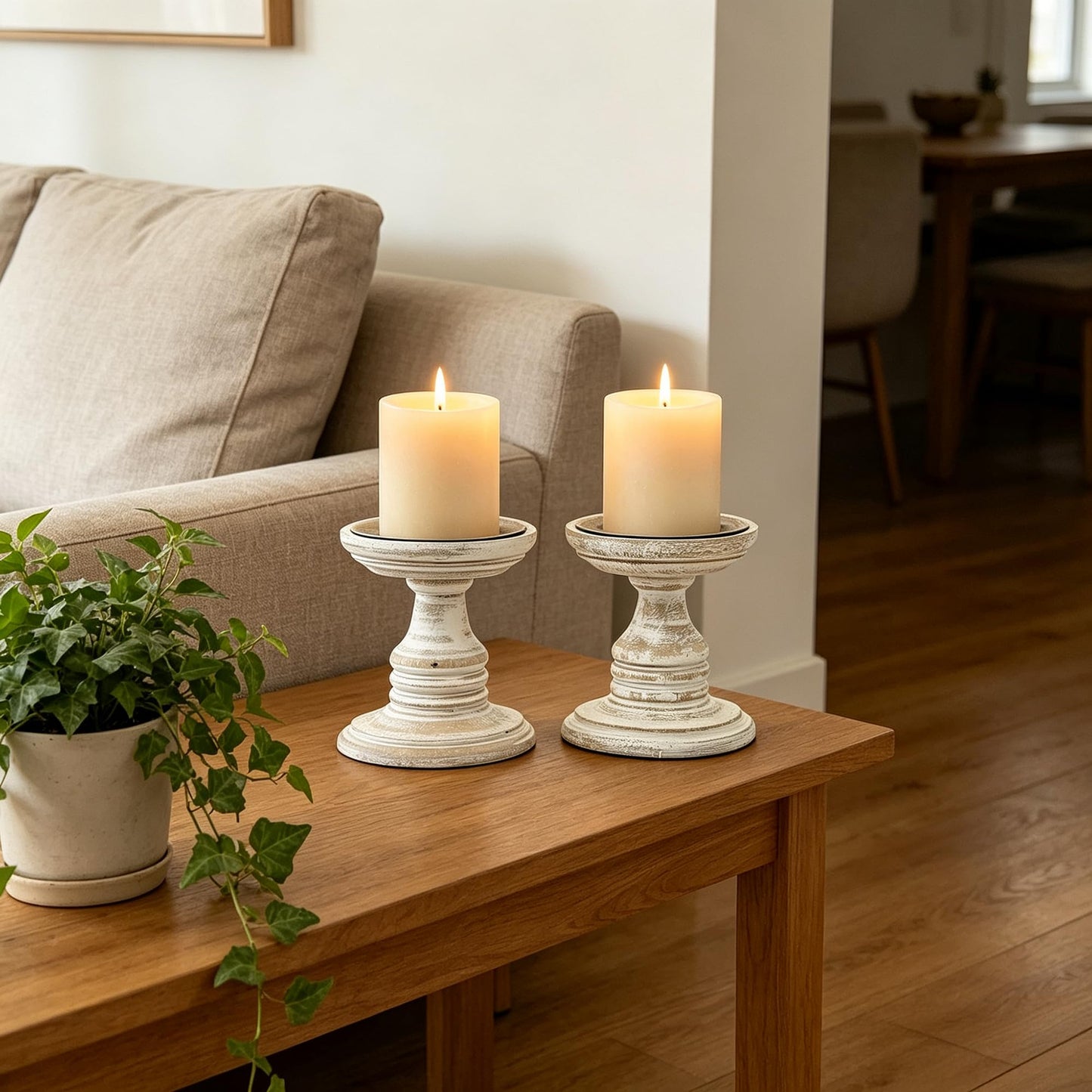 Hosley's Set of 2 White Wood Pillar Holders - 5" High. Ideal Gift for Weddings, Special Occasion, Spa, Aromatherapy Settings, Candle Gardens W1