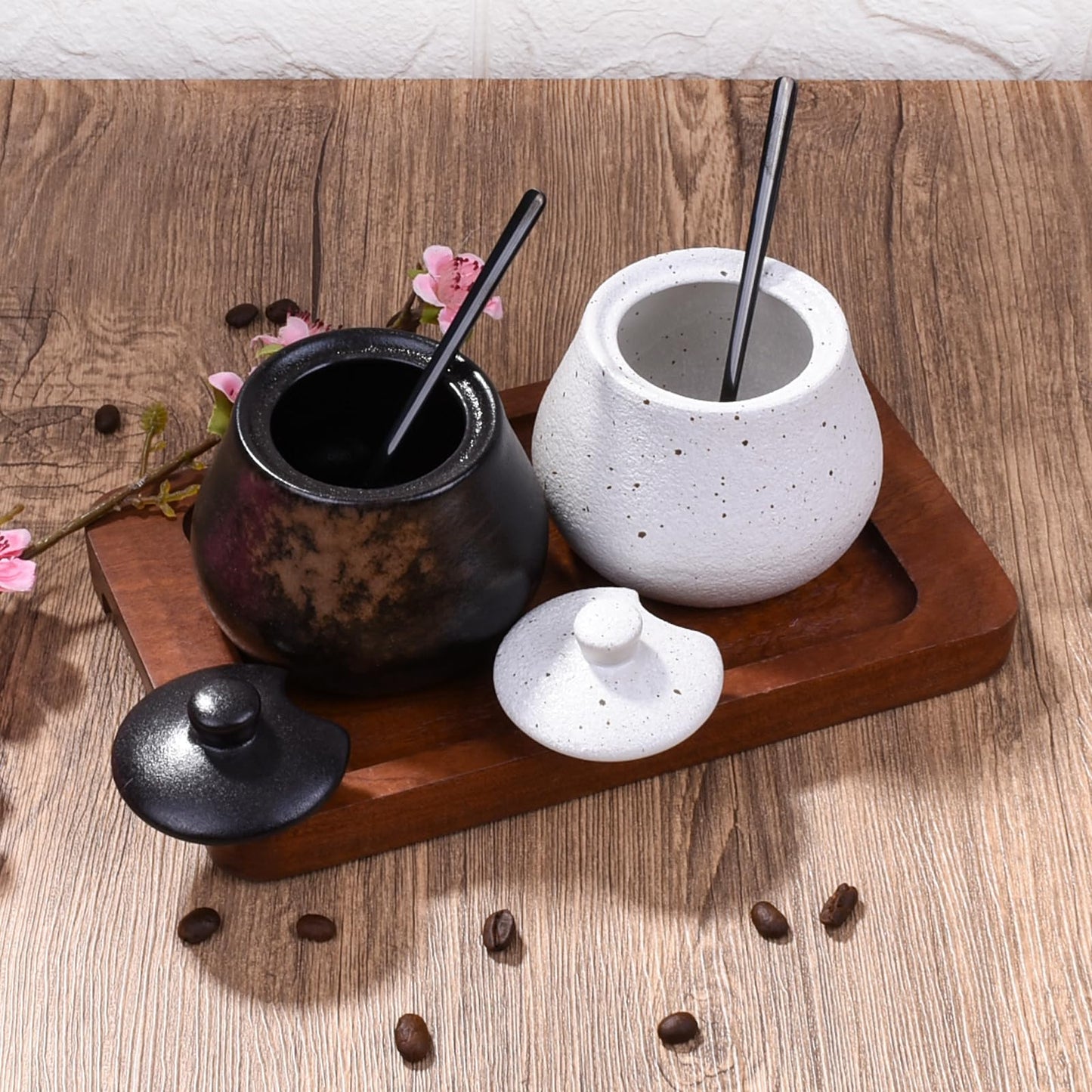 BOSILI Sugar Bowl with Lid and Spoons, 3.9" Rustic Reactive Kiln-Glaze Spice Jar, Black & Brown Porcelain Condiment Pot for Salt, Jam & Seasonings, Textured Stoneware Salt Cellar for Kitchen & Cafe