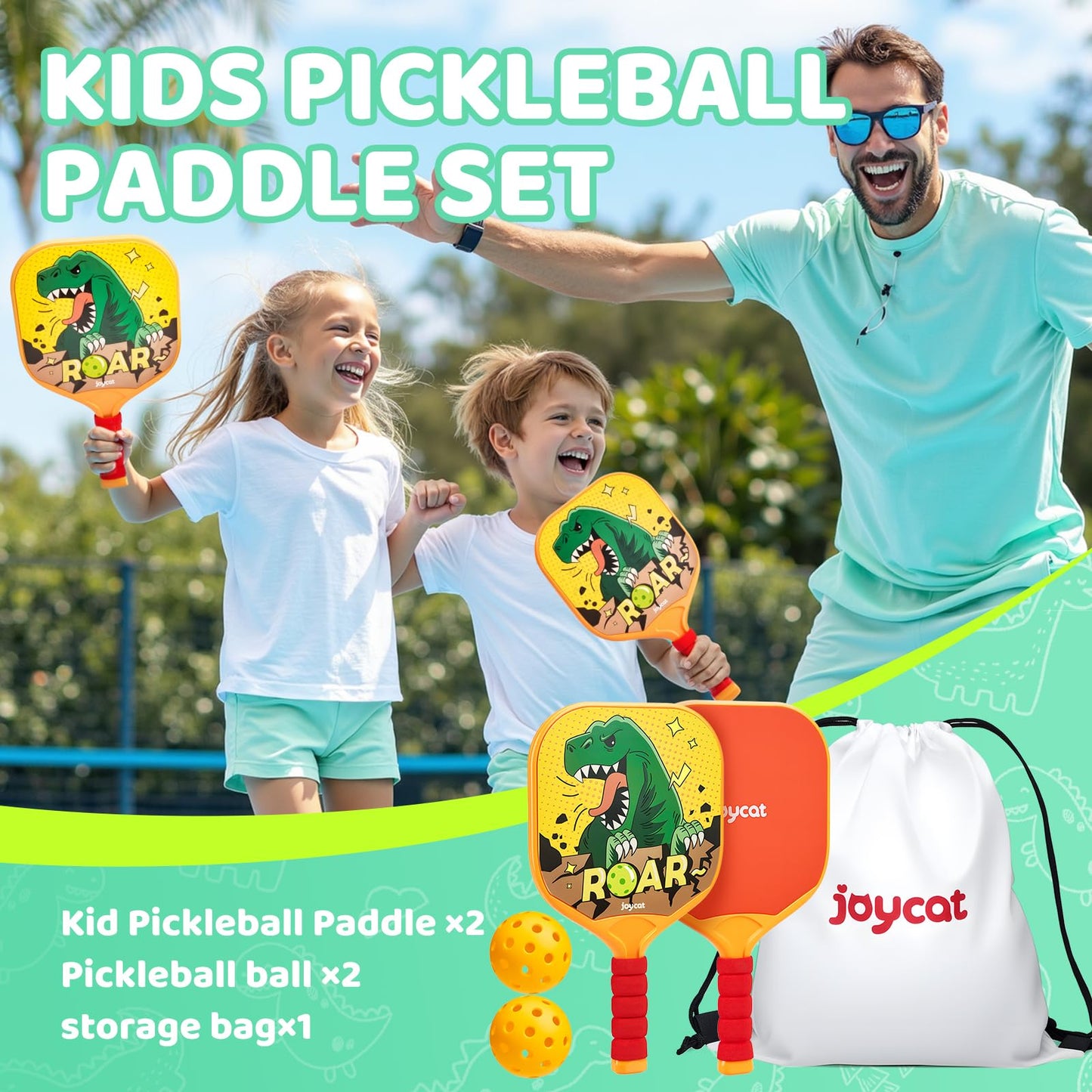 Joycat Kids Pickleball Paddles Set of 2, Lightweight Plastic Cute Pickleball Paddles for Kid with Small Grip, 2 Pickleballs, 1 Drawstring Bag,Indoor Outdoor Sport Gifts for Kids,Beginner (Dinosaur)