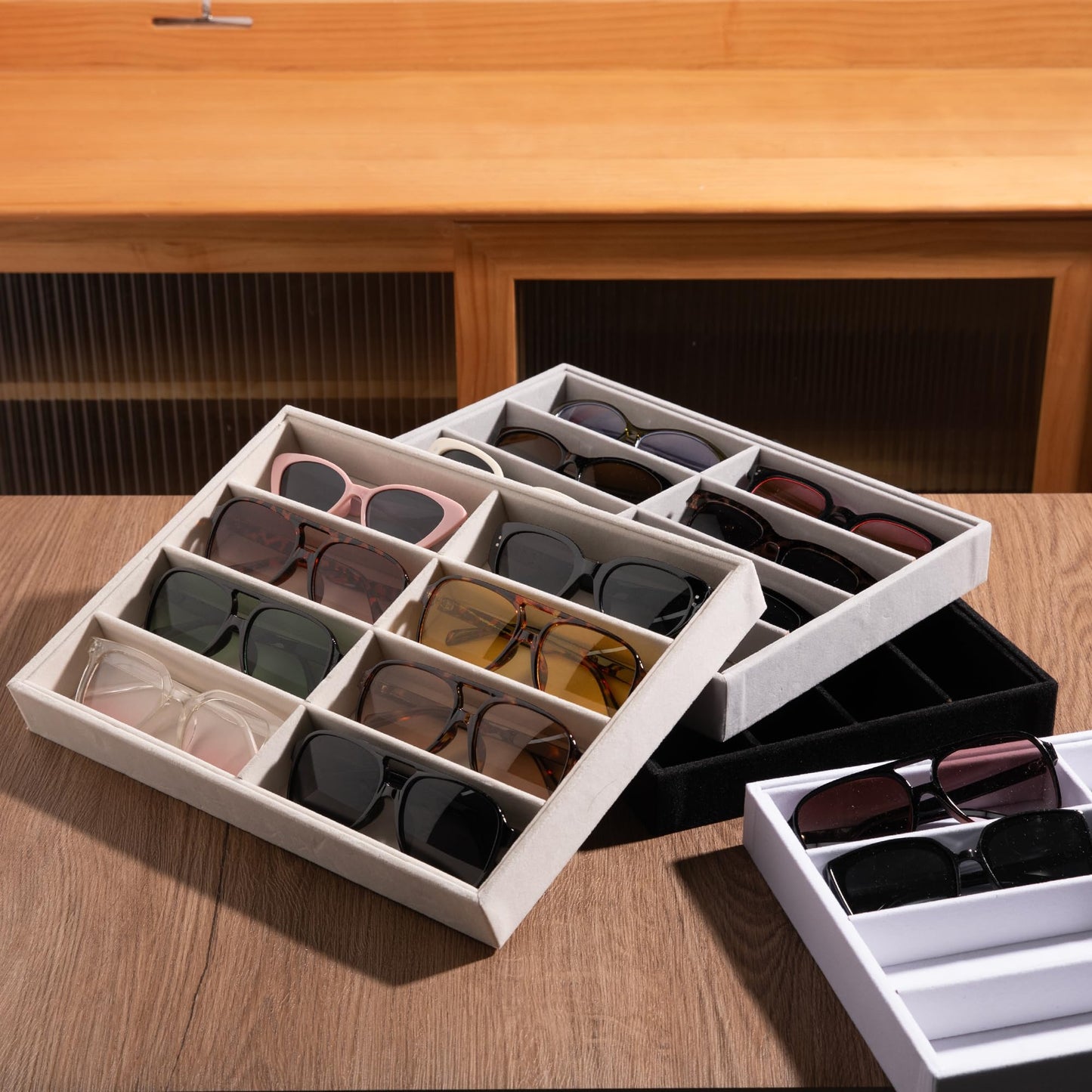 Frebeauty Sunglass Organizer,Velvet Glasses Organizer,8-Slot Sunglasses Tray for Drawer, Men's/Women's Sunglasses Box, Glasses Holder for Watch Stackable Eyeglass/Eyewear Display Tray(Beige)